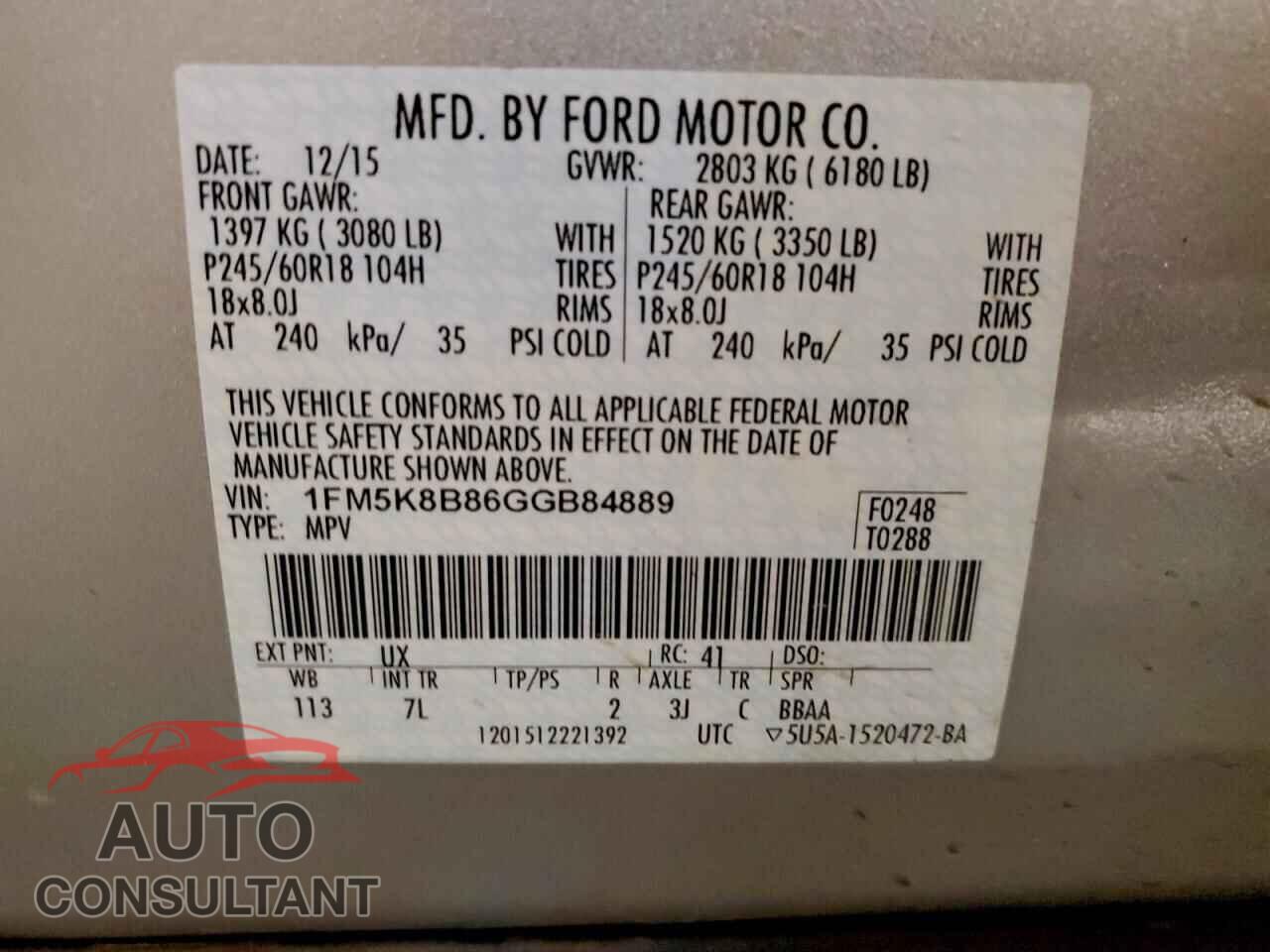 FORD EXPLORER 2016 - 1FM5K8B86GGB84889