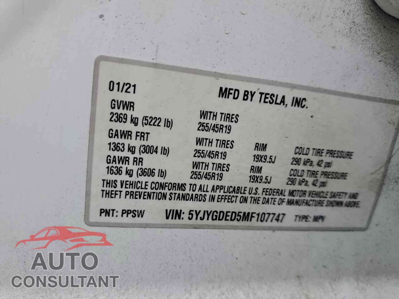 TESLA MODEL Y 2021 - 5YJYGDED5MF107747