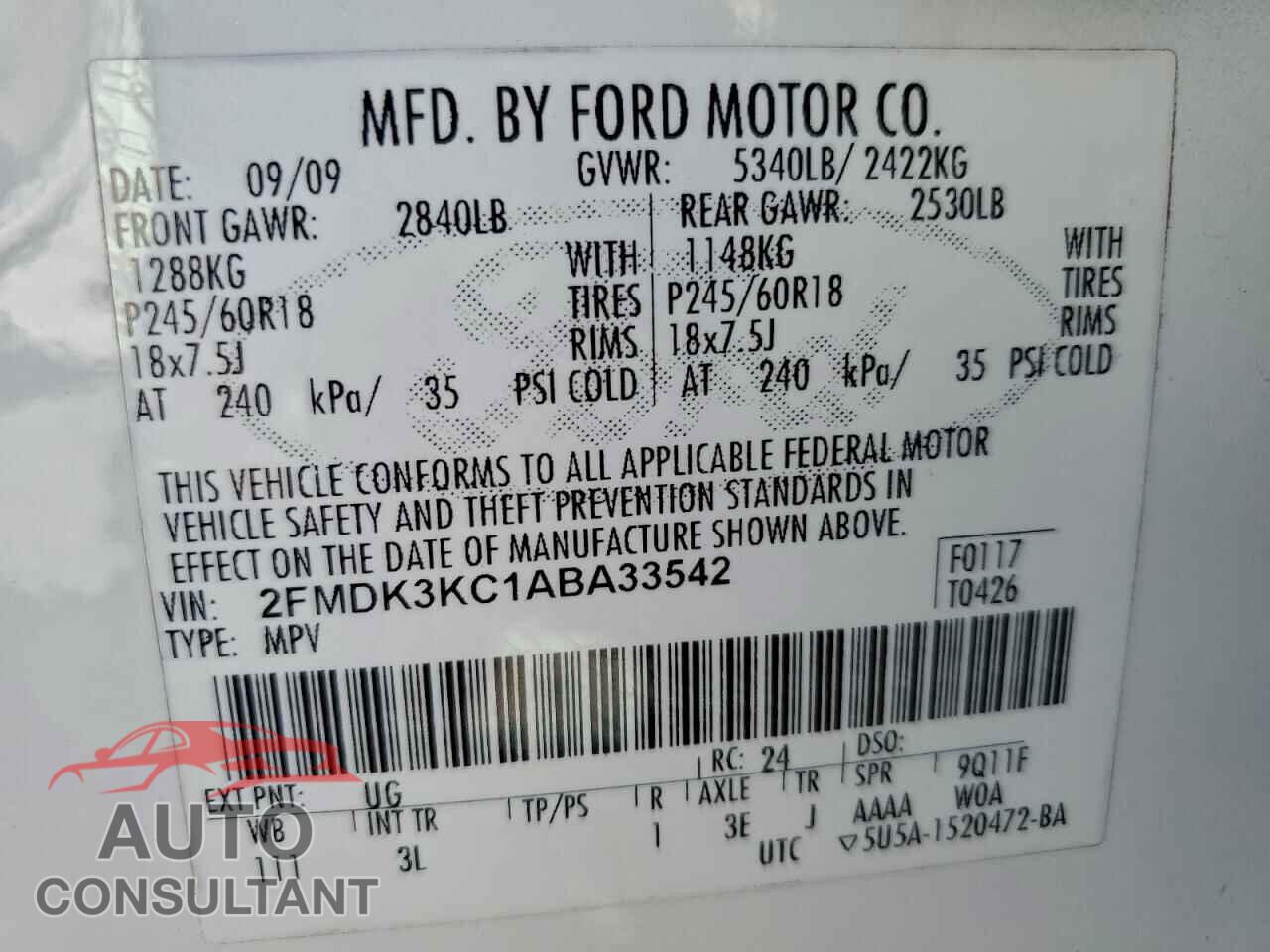 FORD EDGE 2010 - 2FMDK3KC1ABA33542