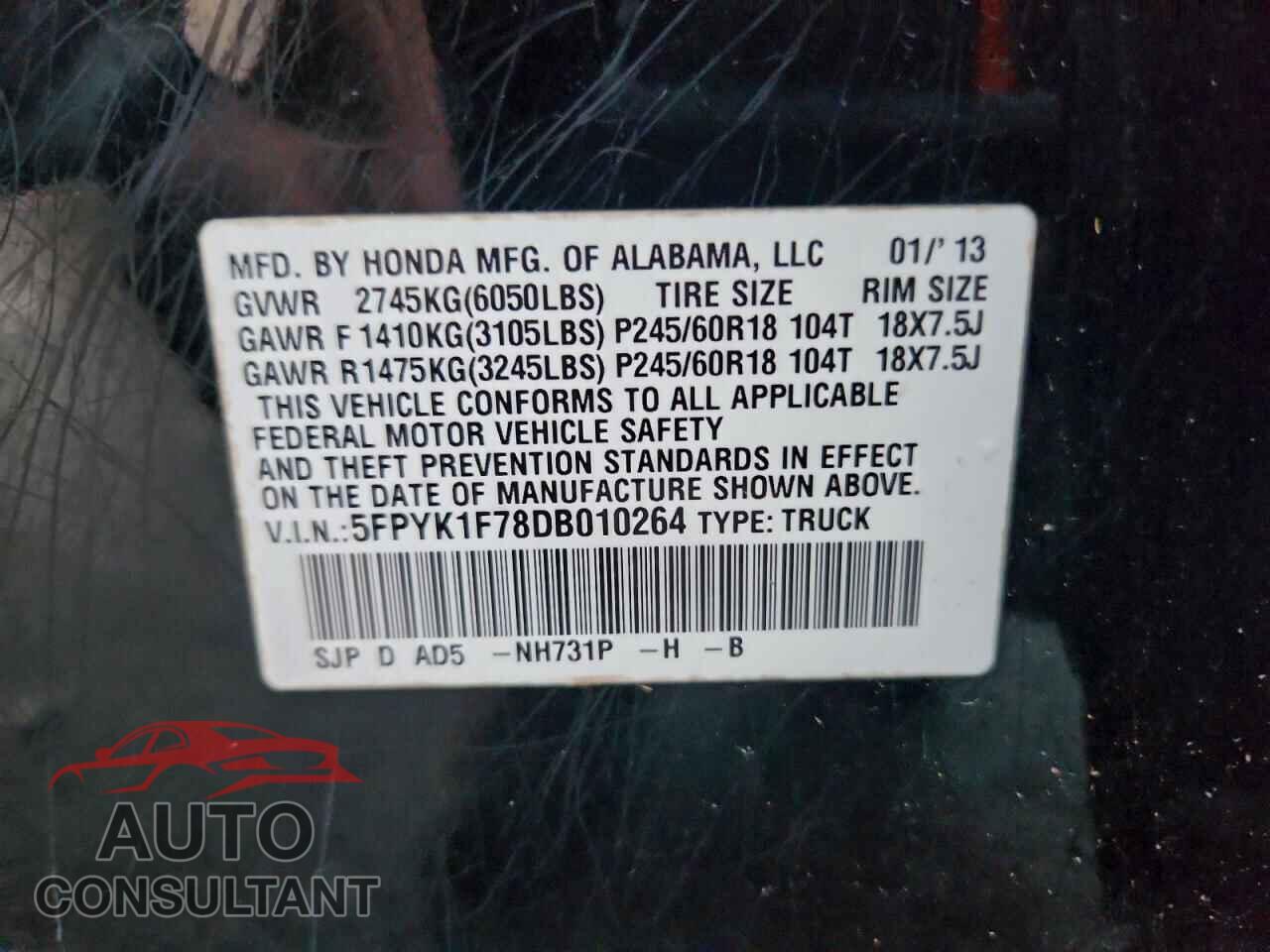 HONDA RIDGELINE 2013 - 5FPYK1F78DB010264