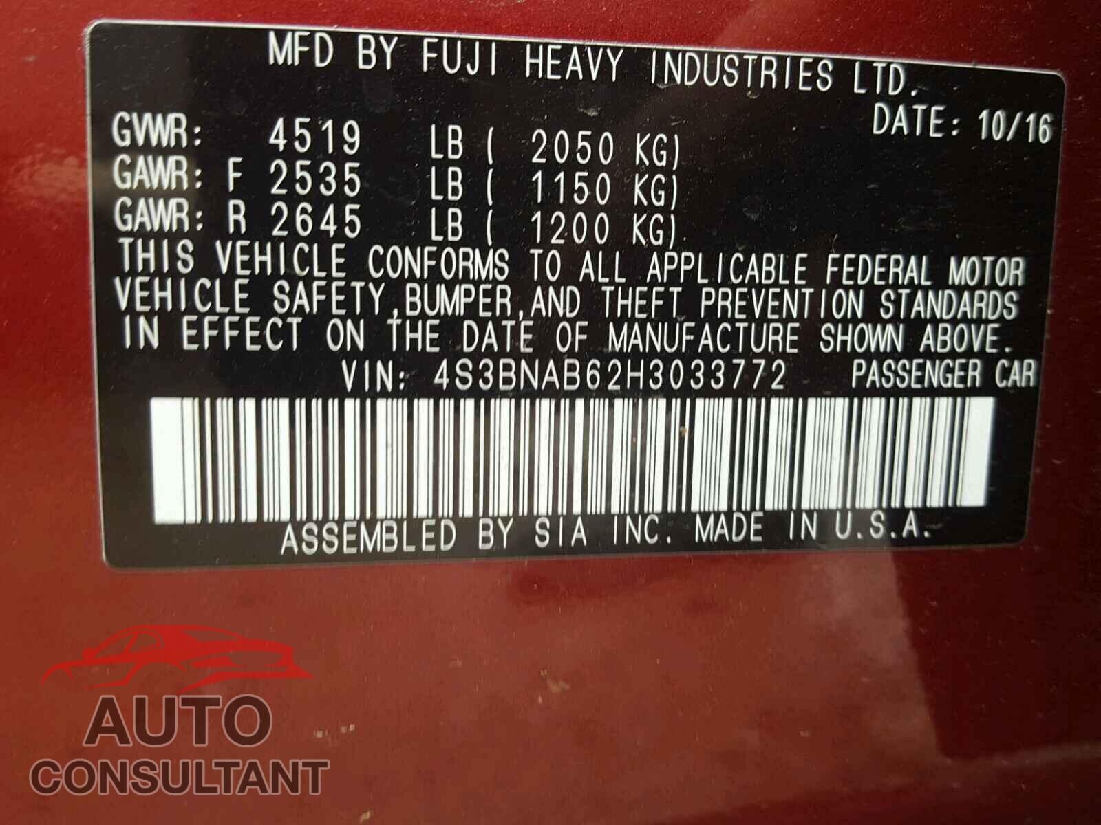 SUBARU LEGACY 2017 - 4S3BNAB62H3033772