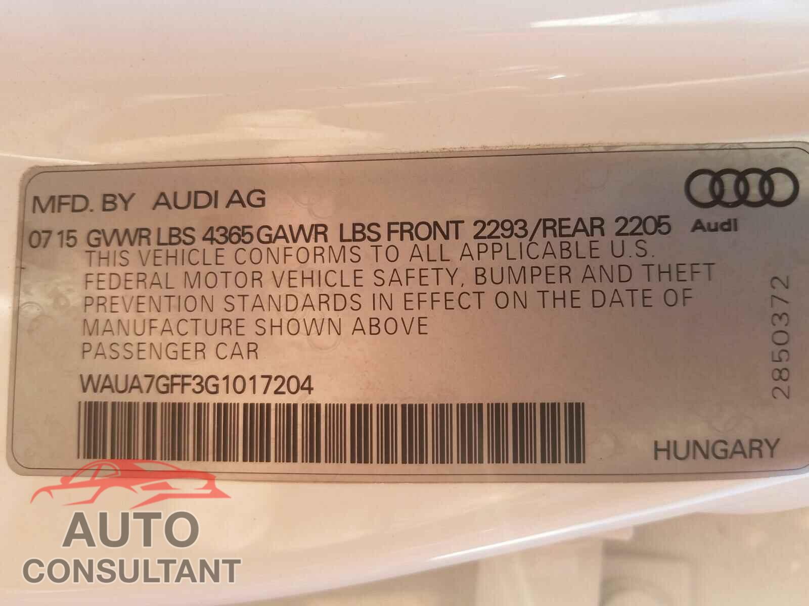 AUDI A3 2016 - WAUA7GFF3G1017204