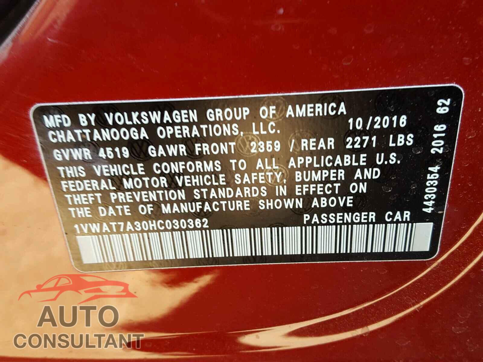 VOLKSWAGEN PASSAT 2017 - 1VWAT7A30HC030362