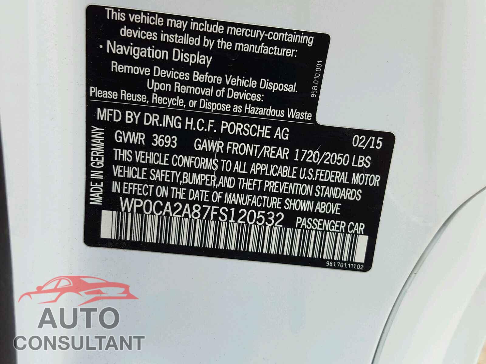 PORSCHE BOXSTER 2015 - WP0CA2A87FS120532