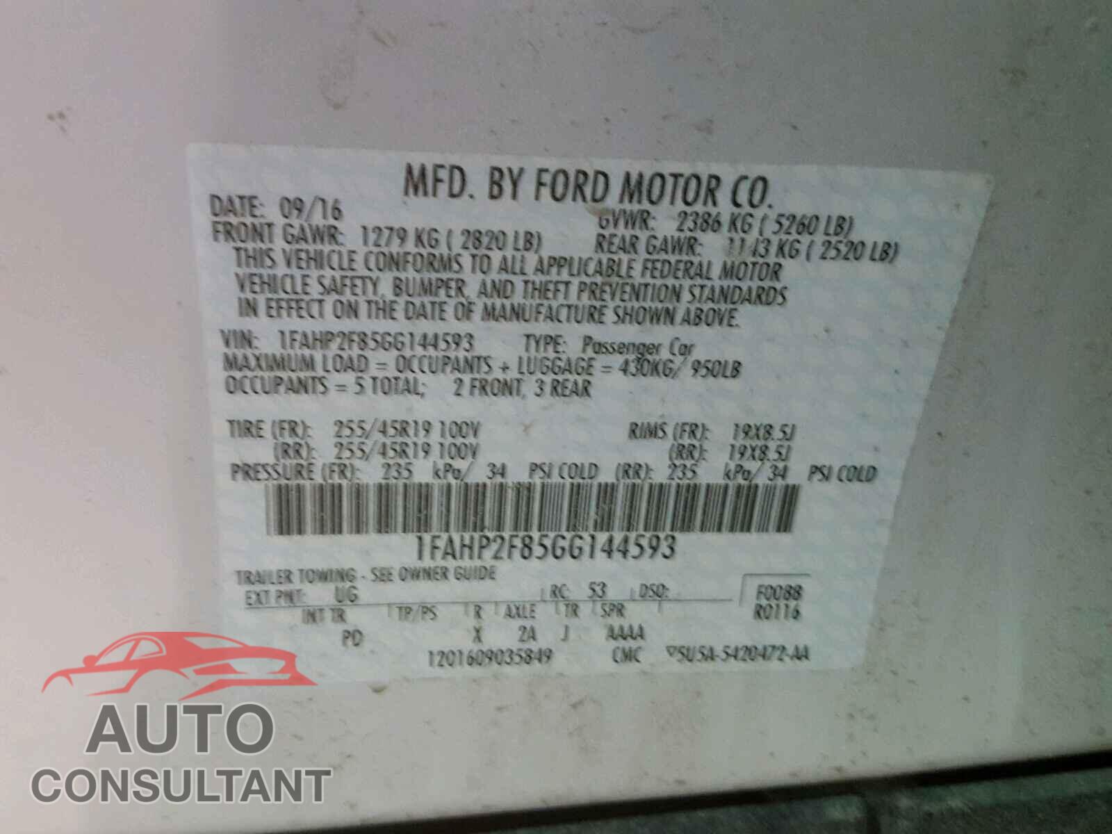 FORD TAURUS 2016 - 1FAHP2F85GG144593