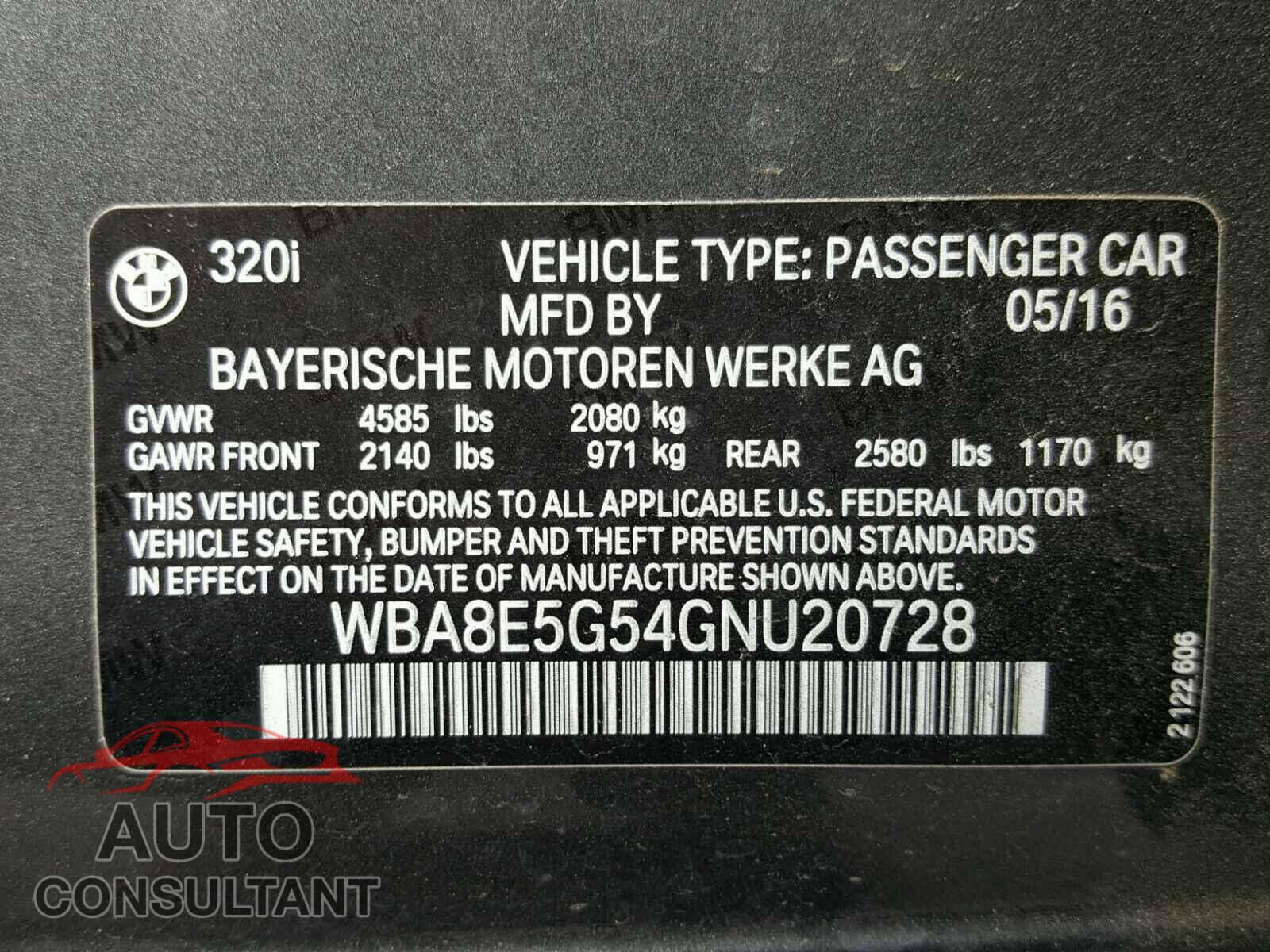 BMW 3 SERIES 2016 - WBA8E5G54GNU20728