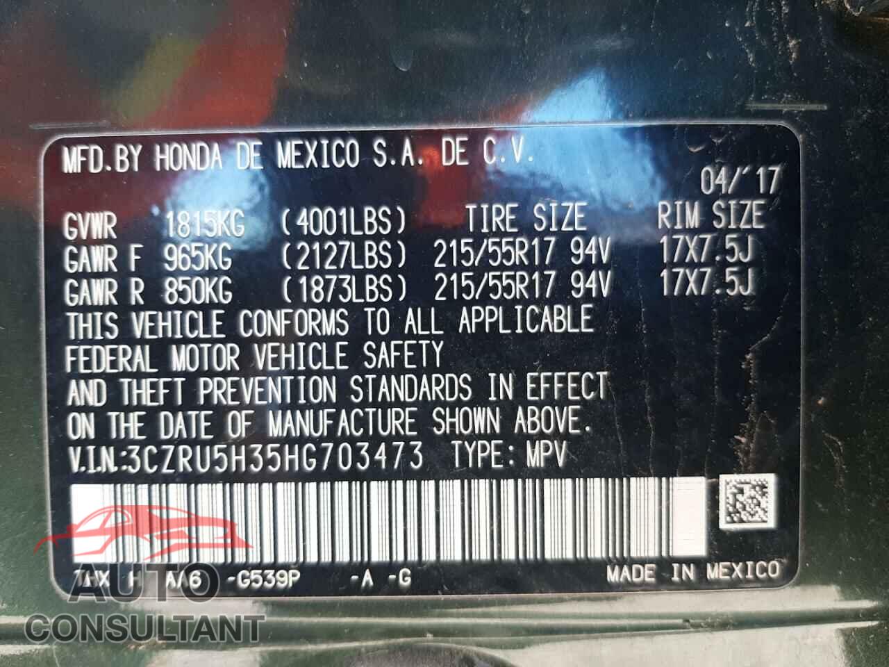HONDA HR-V 2017 - 3CZRU5H35HG703473