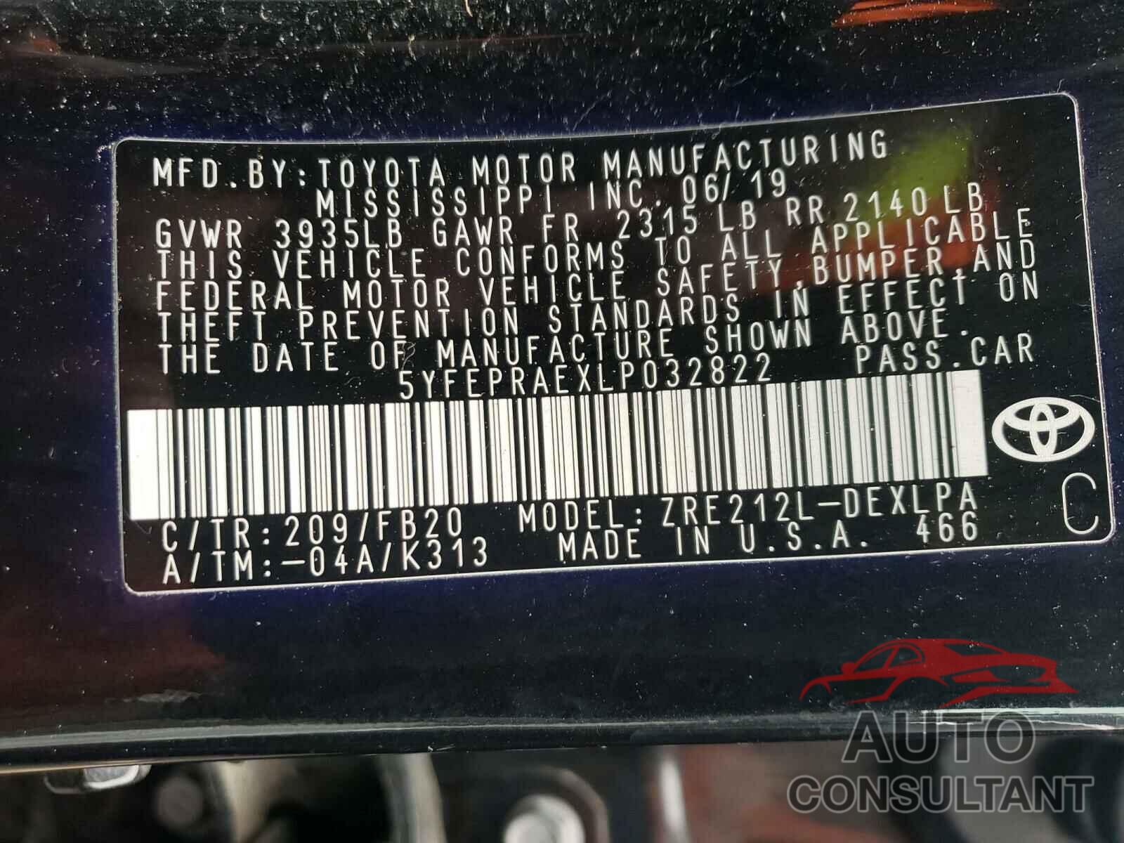 TOYOTA COROLLA 2020 - 5YFEPRAEXLP032822
