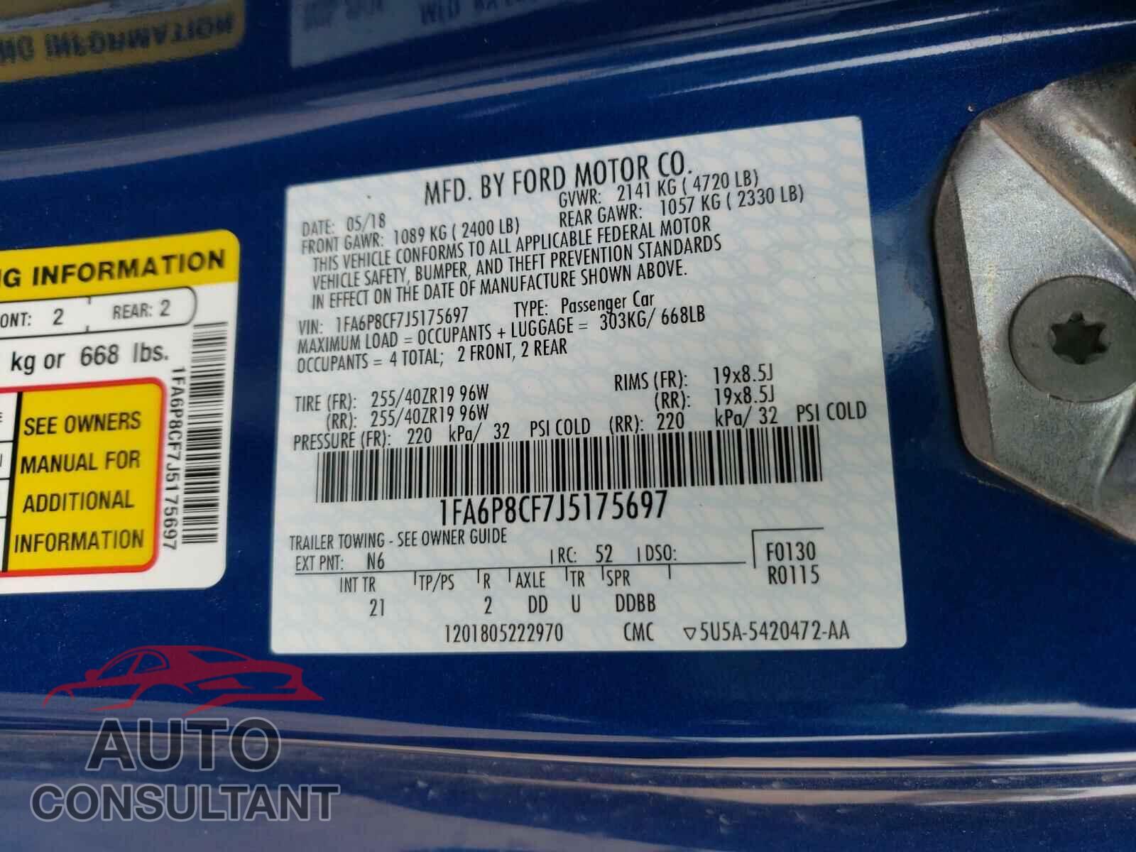 FORD MUSTANG 2018 - 1FA6P8CF7J5175697