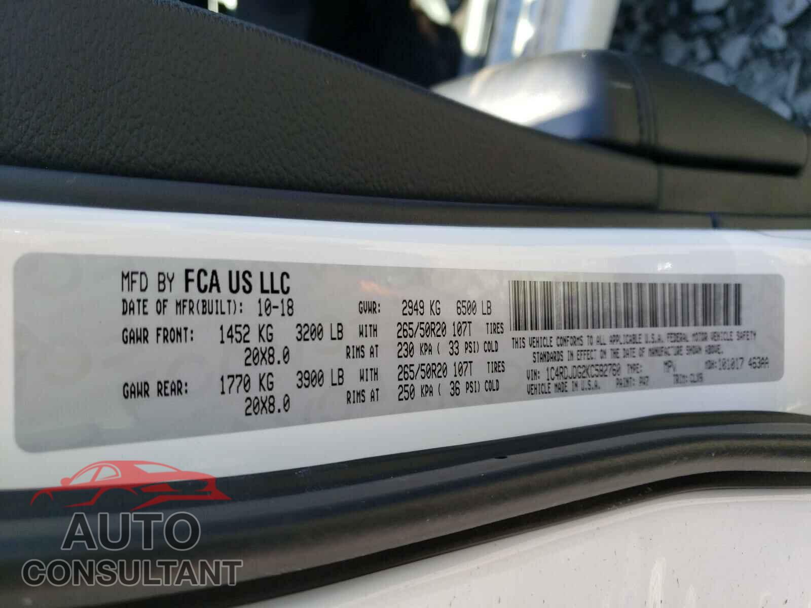 DODGE DURANGO 2019 - 1C4RDJDG2KC582760