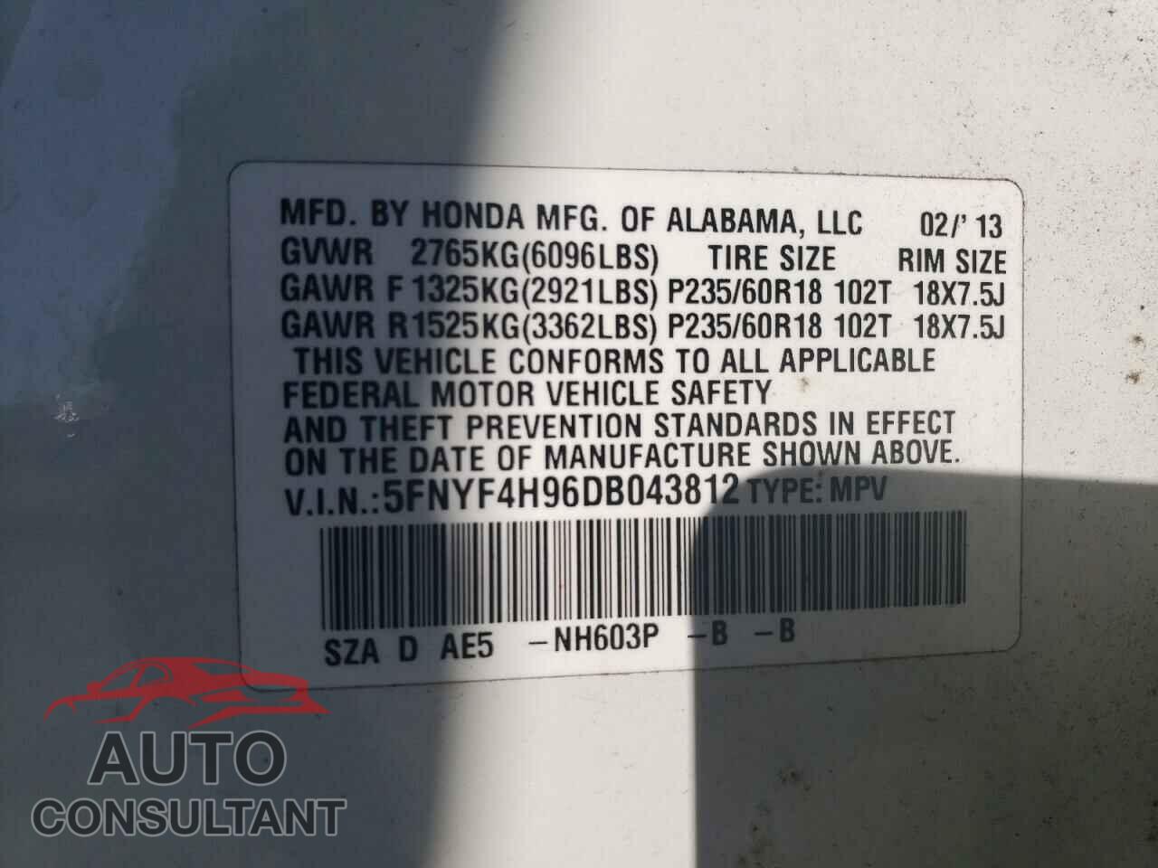 HONDA PILOT 2013 - 5FNYF4H96DB043812