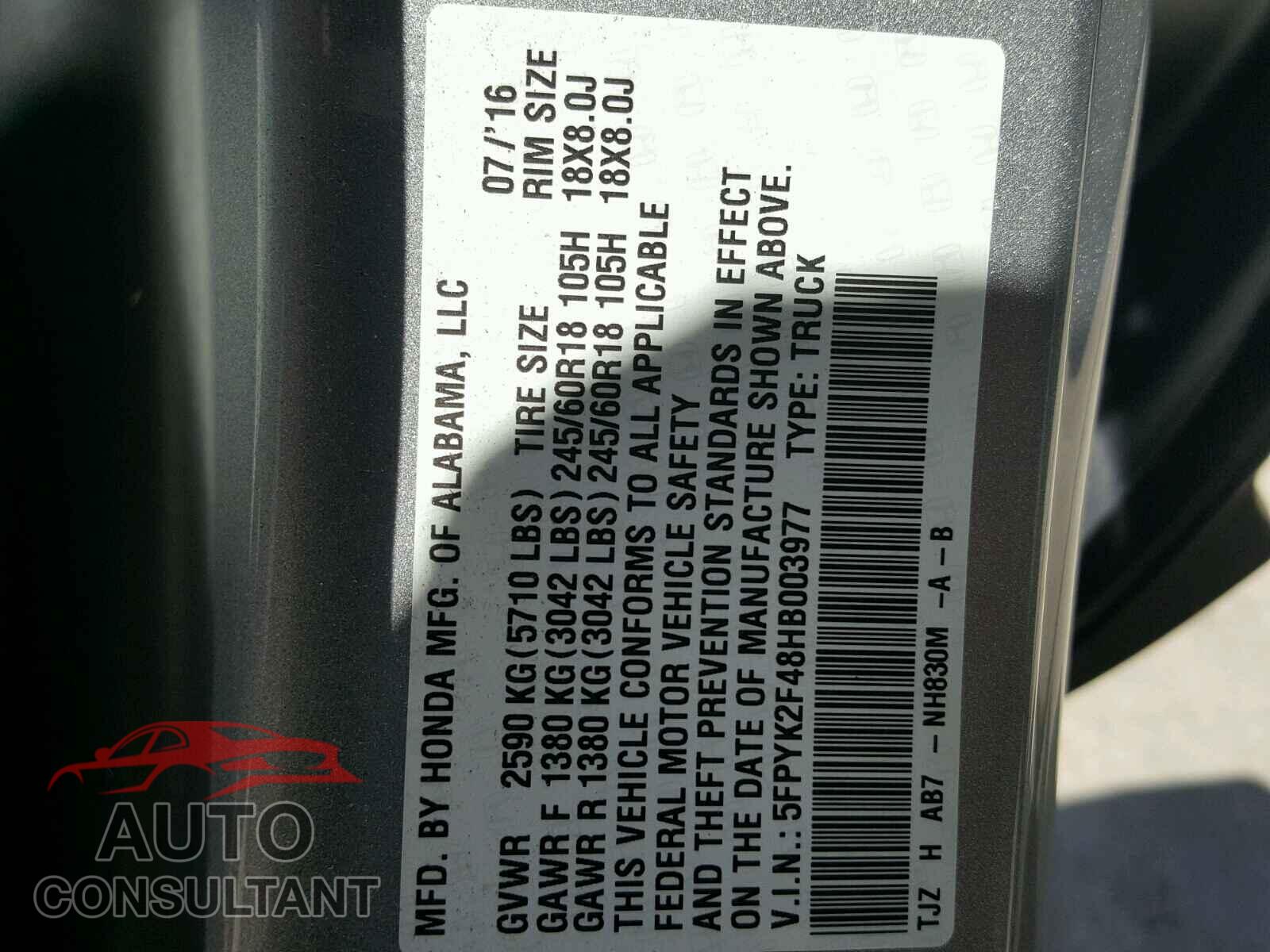 HONDA RIDGELINE 2017 - 5FPYK2F48HB003977