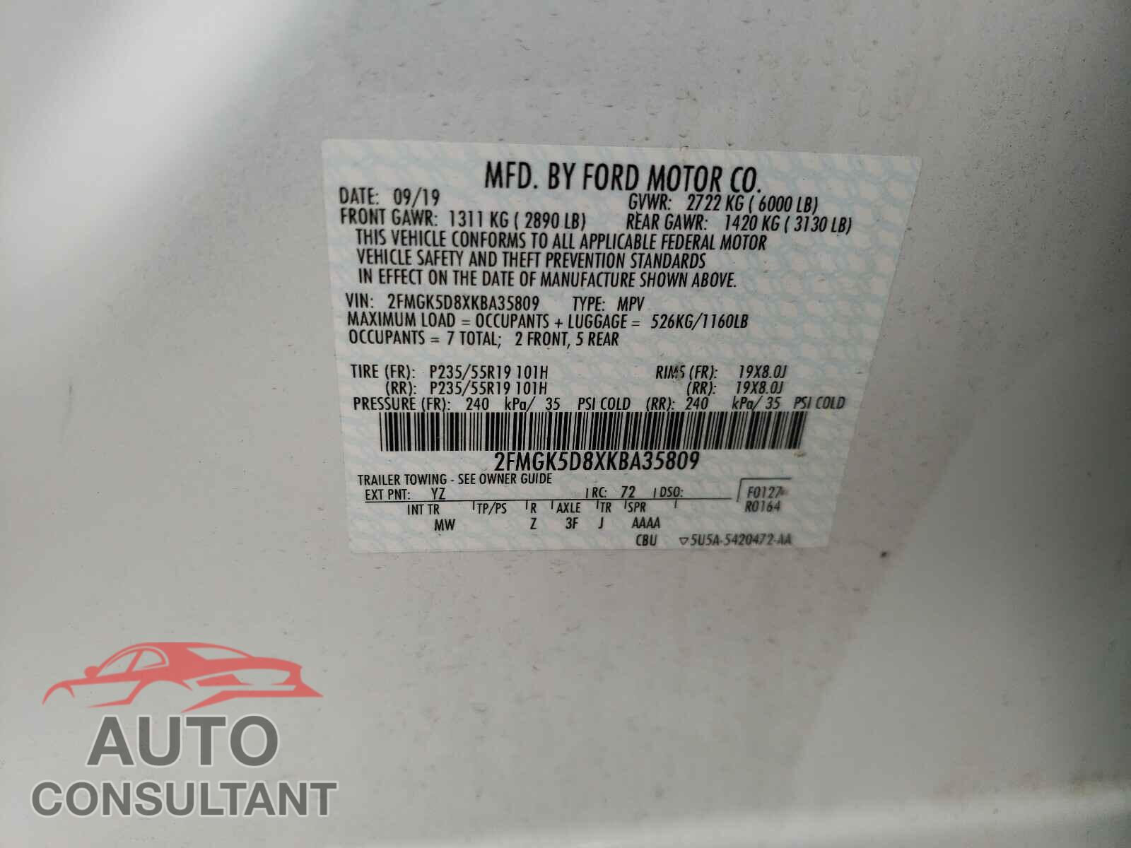 FORD FLEX 2019 - 2FMGK5D8XKBA35809