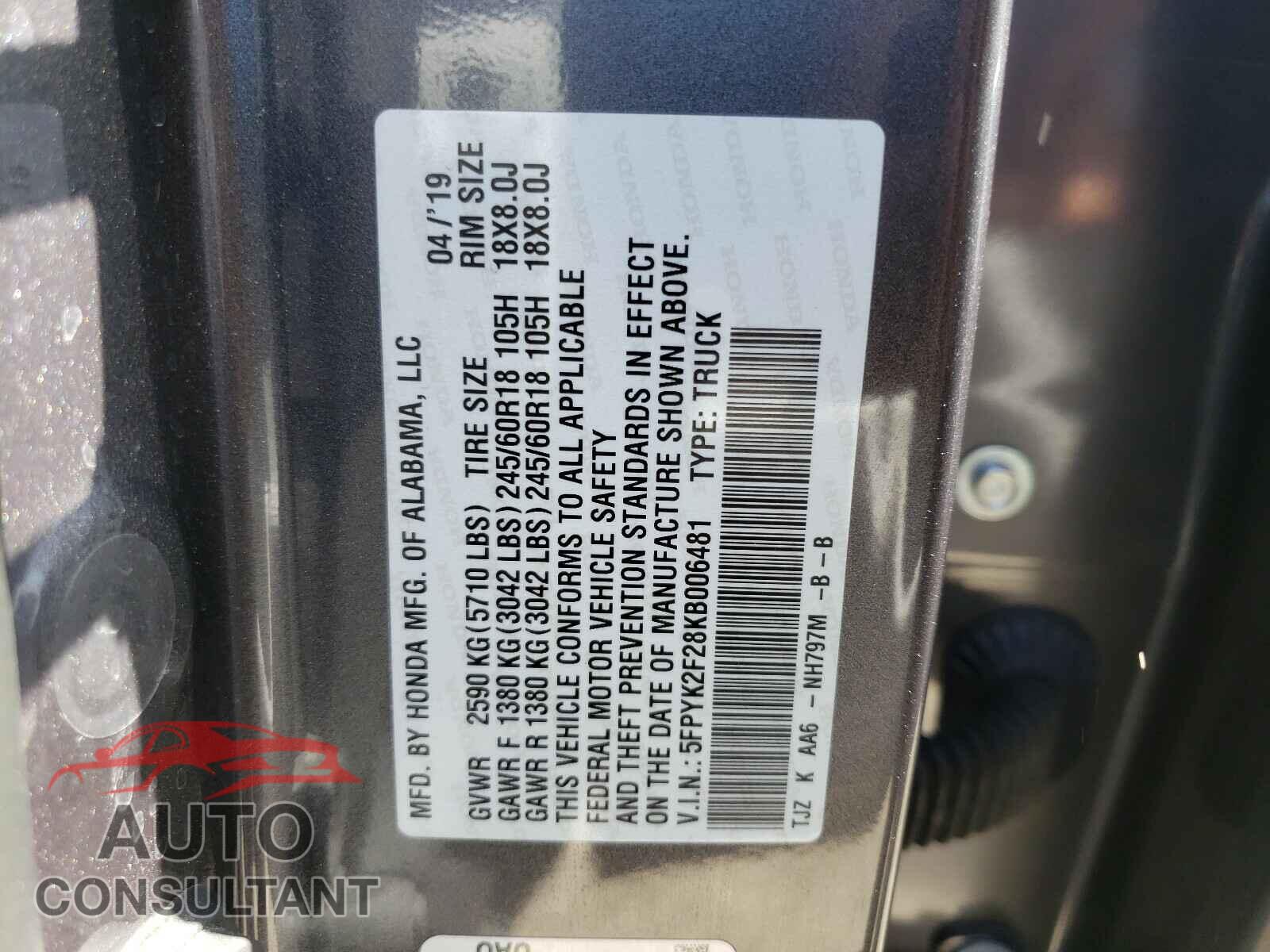 HONDA RIDGELINE 2019 - 5FPYK2F28KB006481