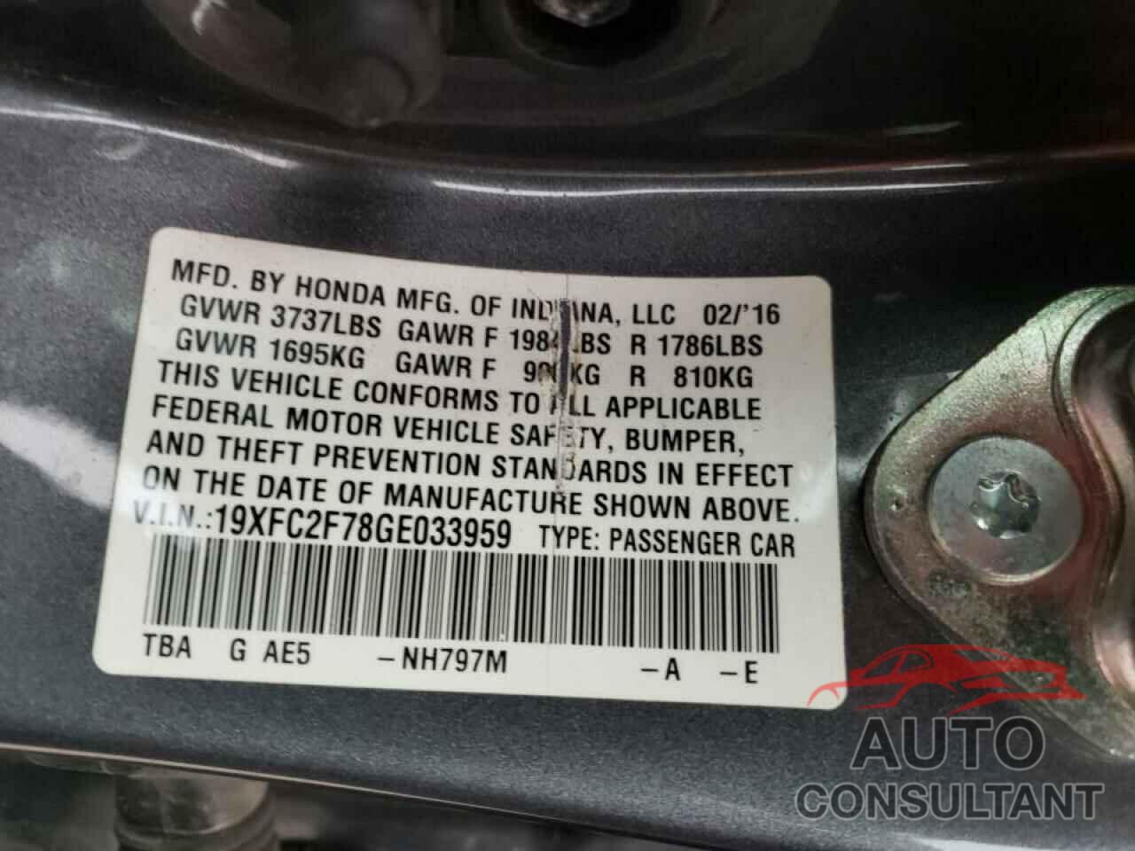 HONDA CIVIC 2016 - 19XFC2F78GE033959