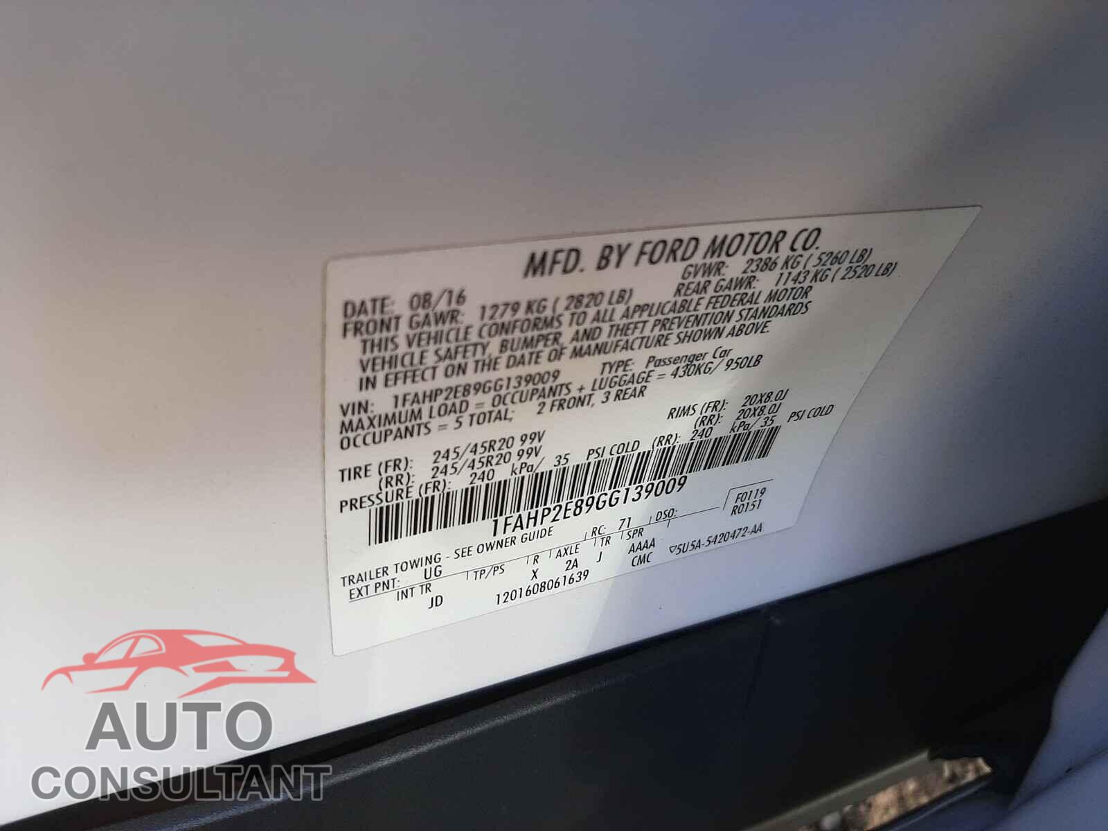 FORD TAURUS 2016 - 1FAHP2E89GG139009