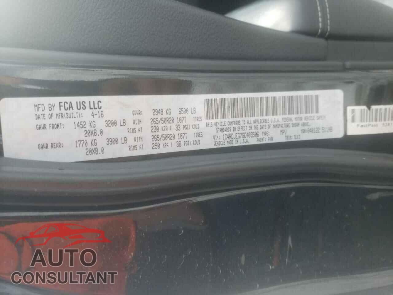 DODGE DURANGO 2016 - 1C4RDJEG7GC403506