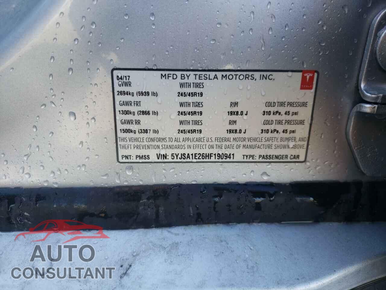 TESLA MODEL S 2017 - 5YJSA1E26HF190941