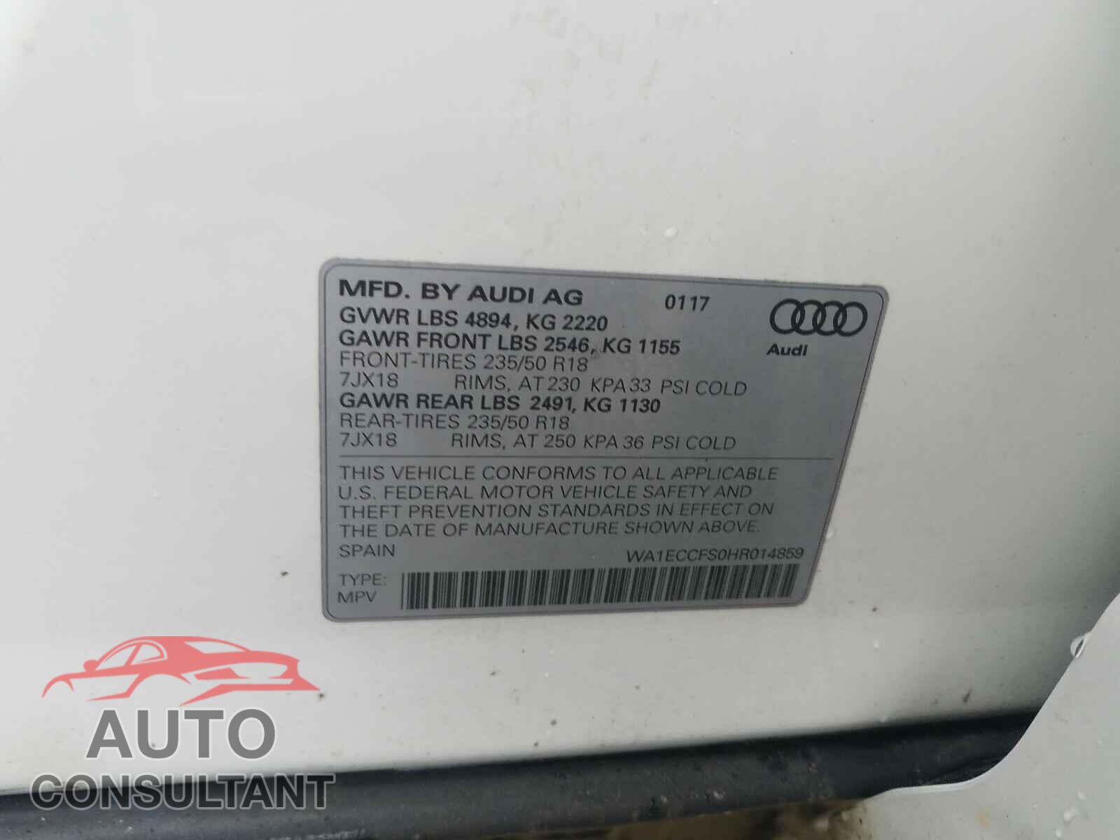 AUDI Q3 2017 - WA1ECCFS0HR014859