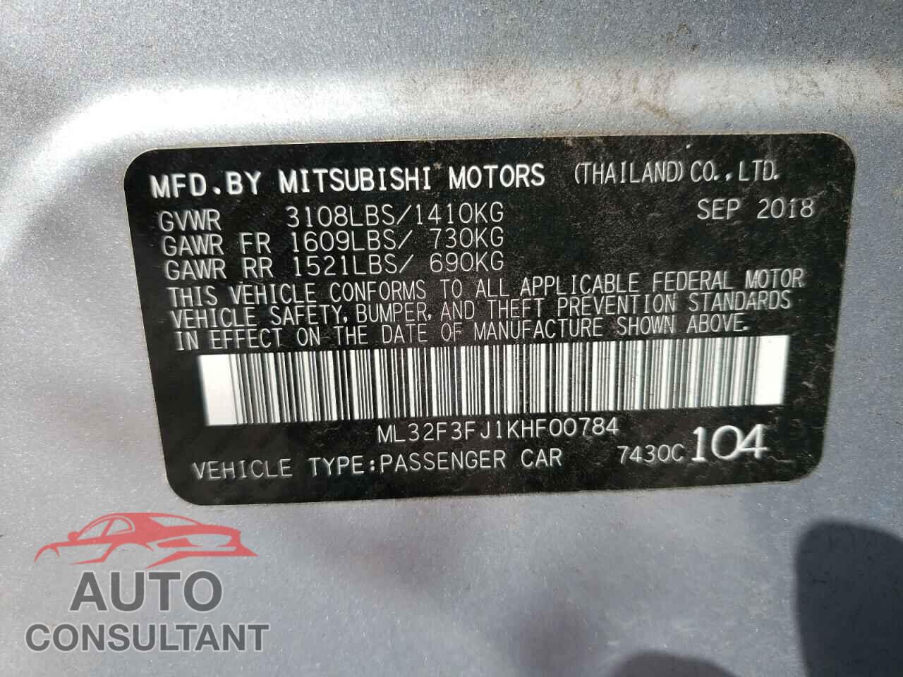 MITSUBISHI MIRAGE 2019 - ML32F3FJ1KHF00784