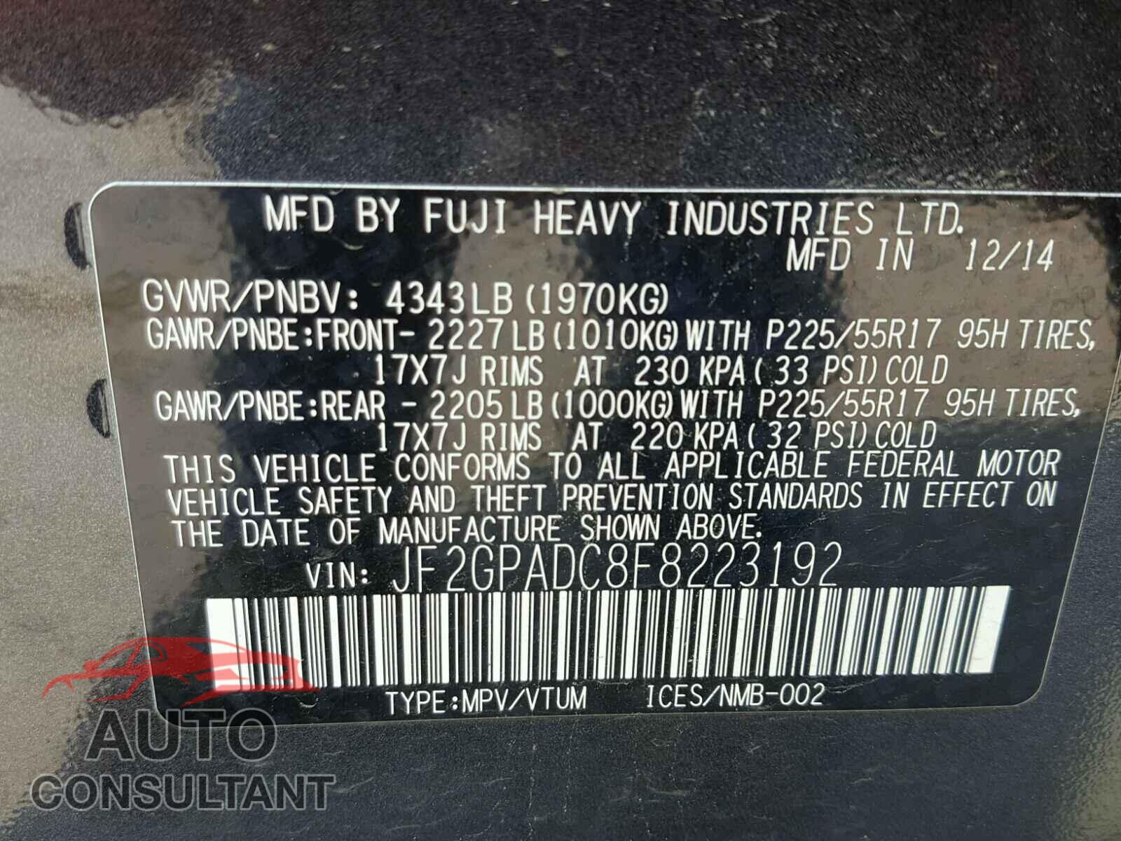 SUBARU XV 2015 - JF2GPADC8F8223192
