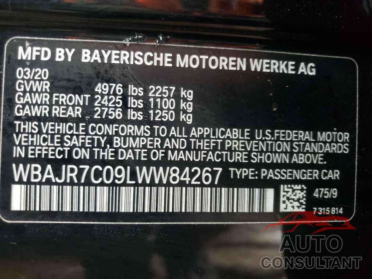 BMW 5 SERIES 2020 - WBAJR7C09LWW84267