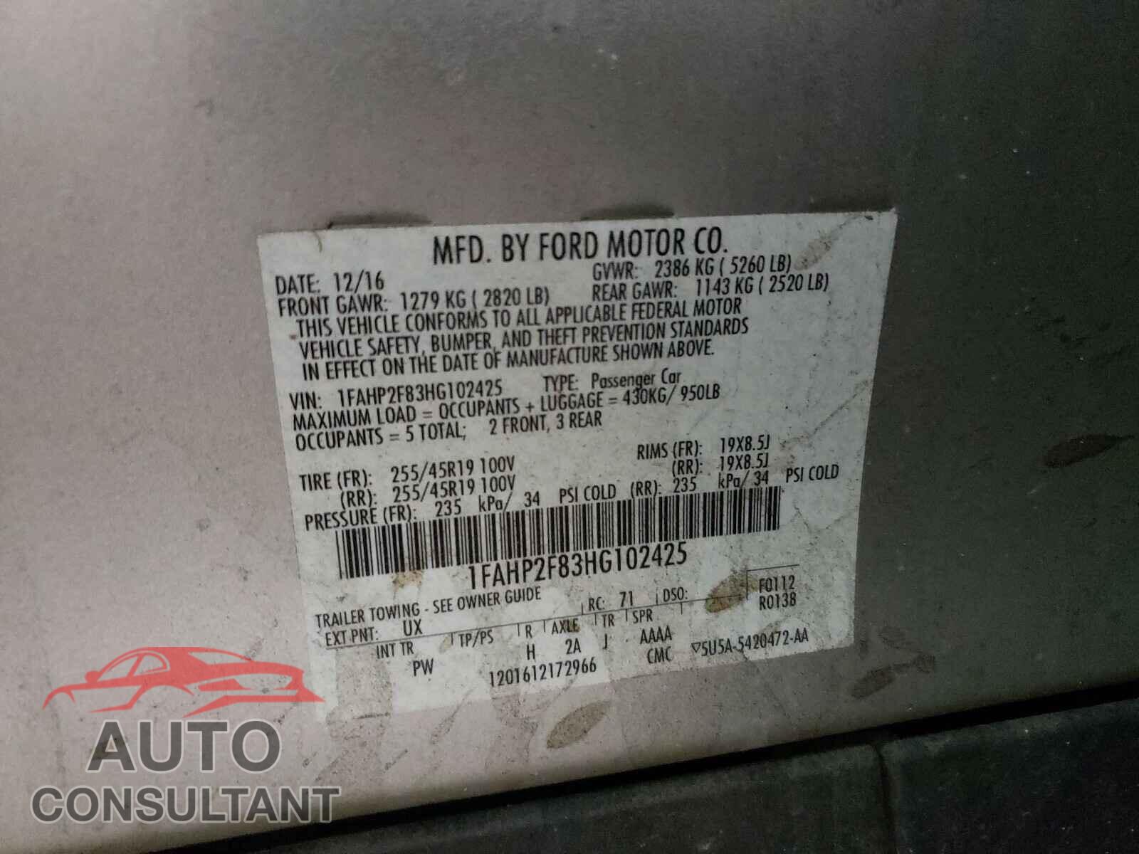 FORD TAURUS 2017 - 1FAHP2F83HG102425