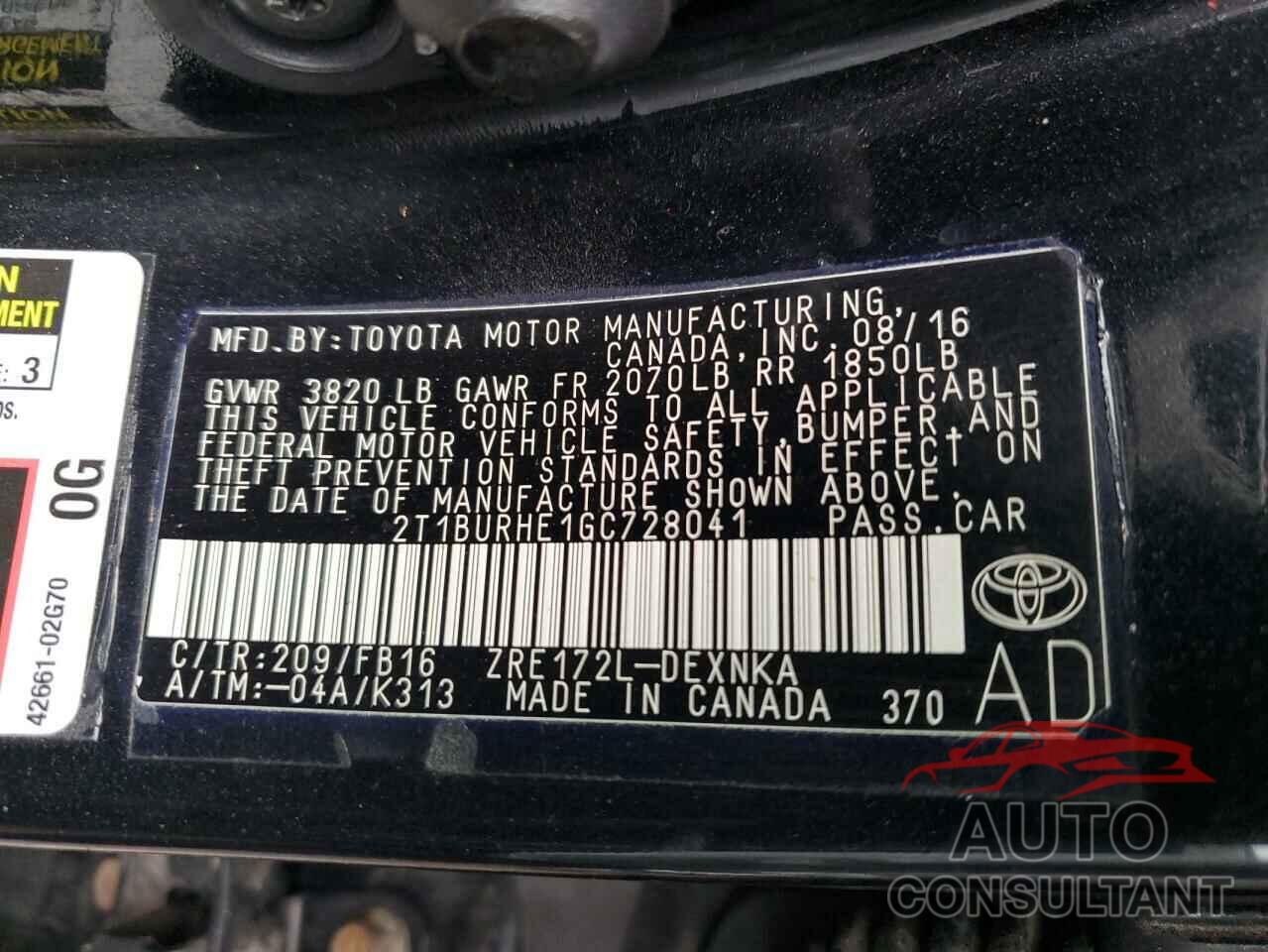 TOYOTA COROLLA 2016 - 2T1BURHE1GC728041