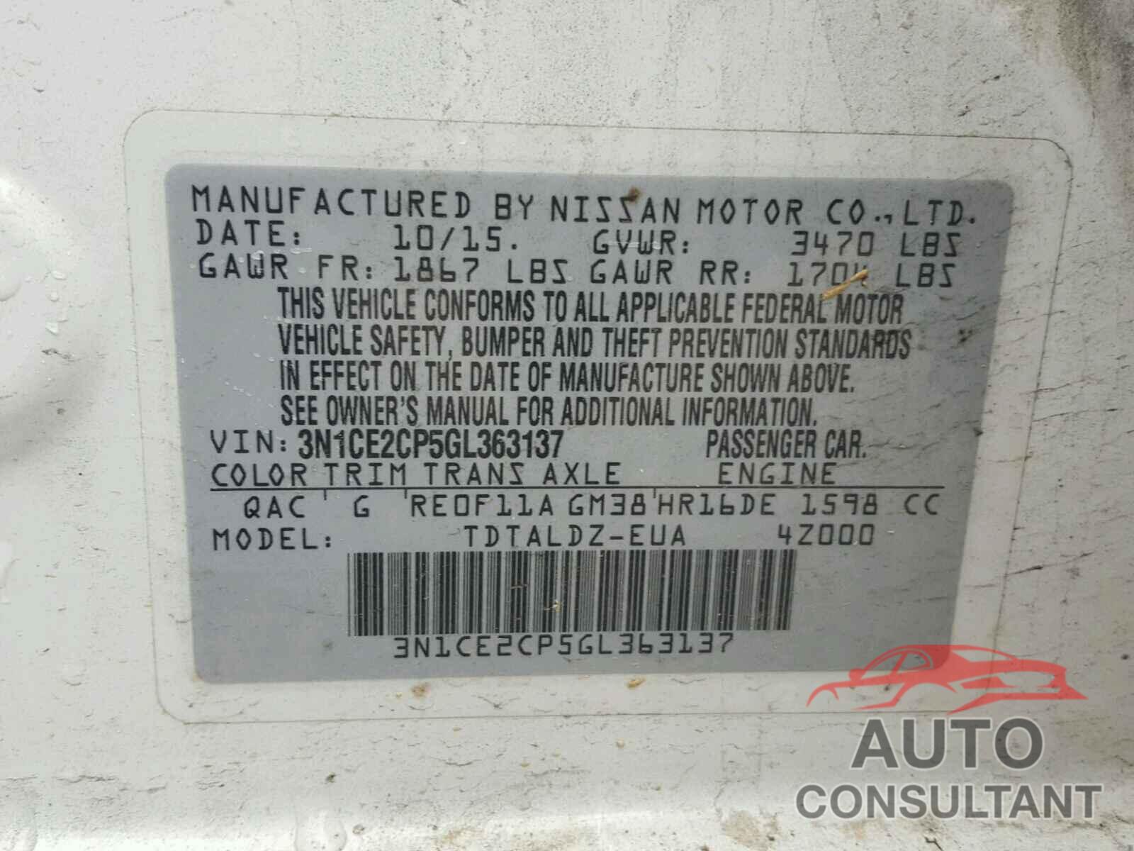NISSAN VERSA 2016 - 3N1CE2CP5GL363137