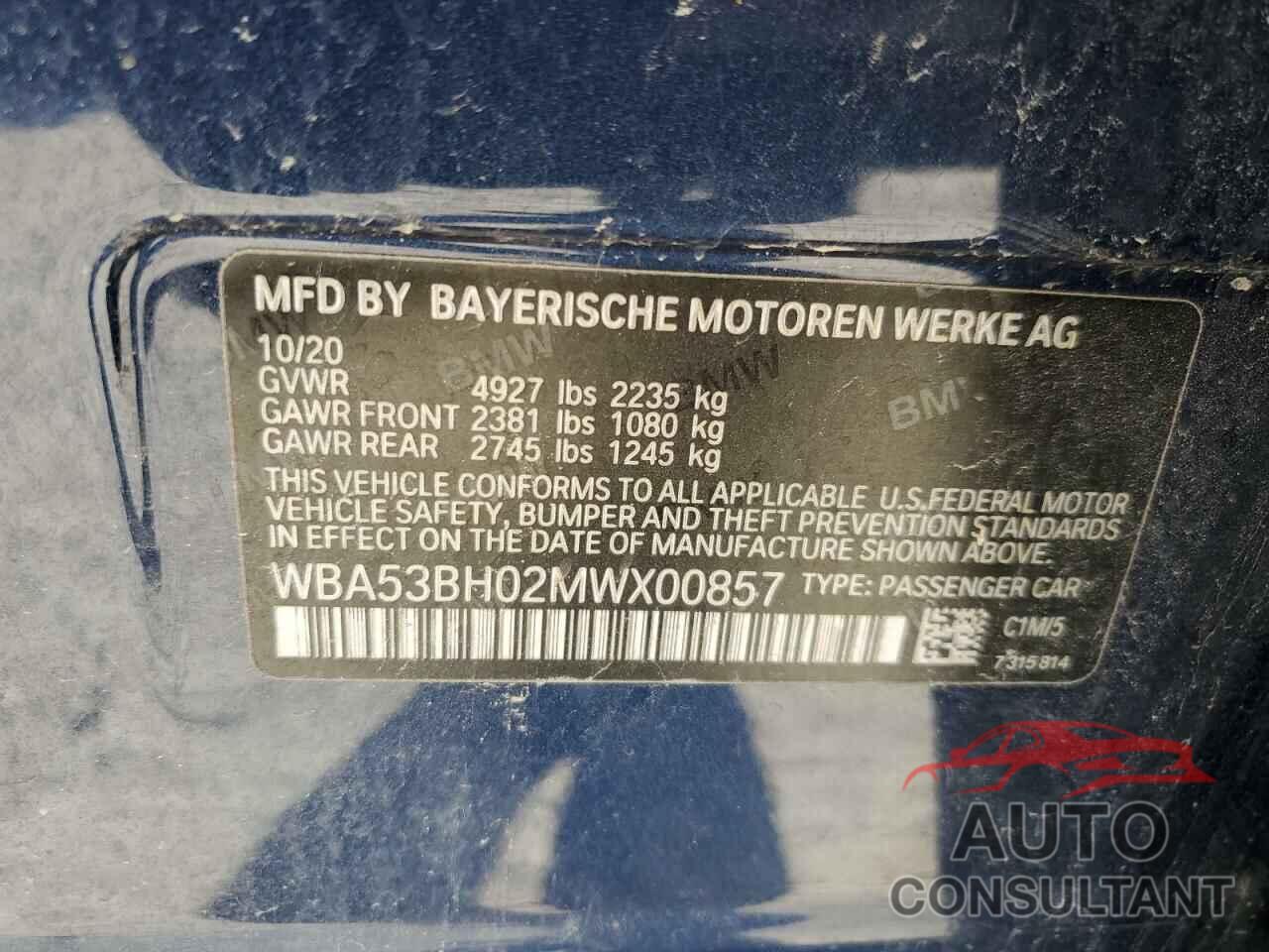 BMW 5 SERIES 2021 - WBA53BH02MWX00857