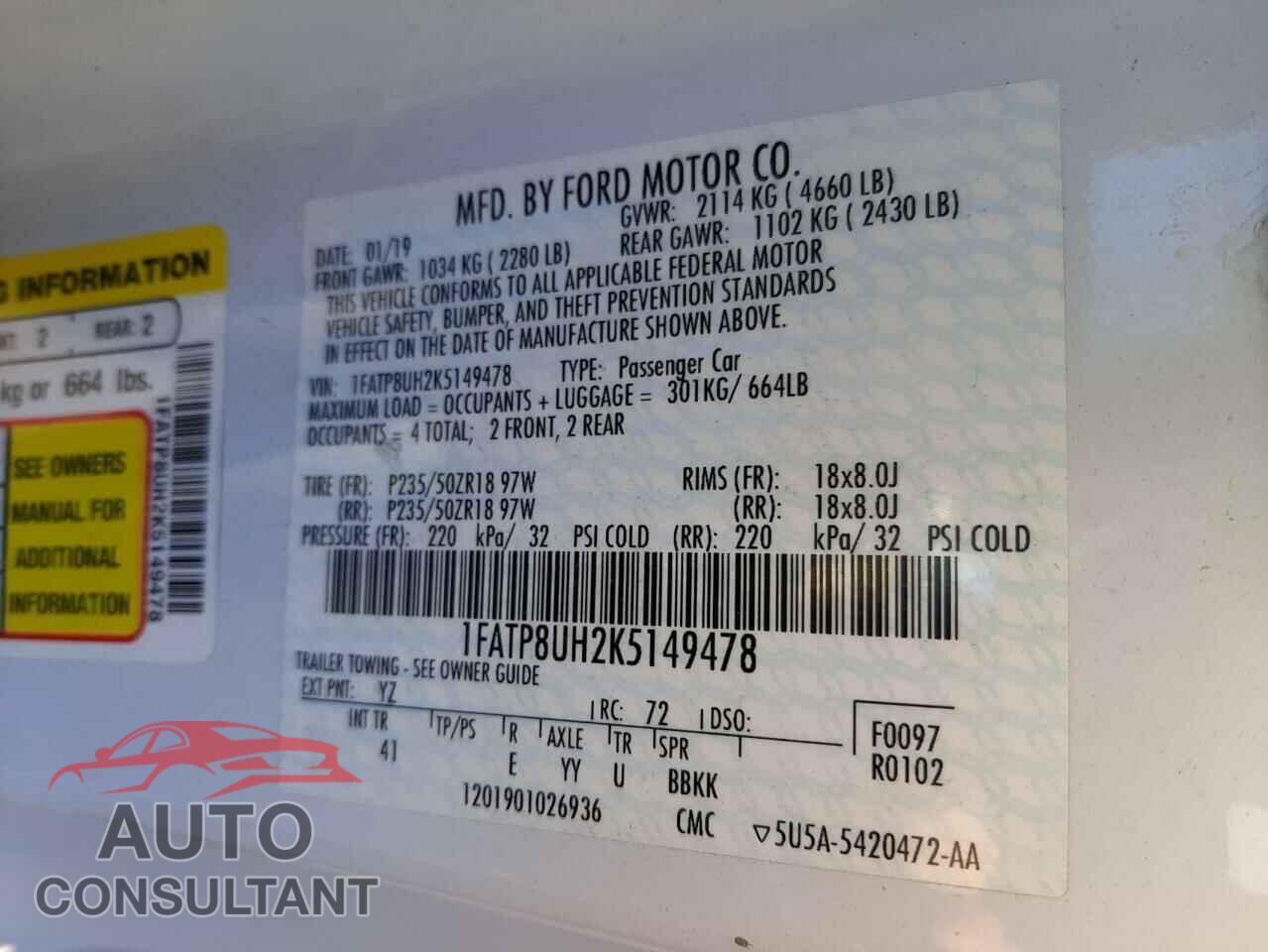 FORD MUSTANG 2019 - 1FATP8UH2K5149478