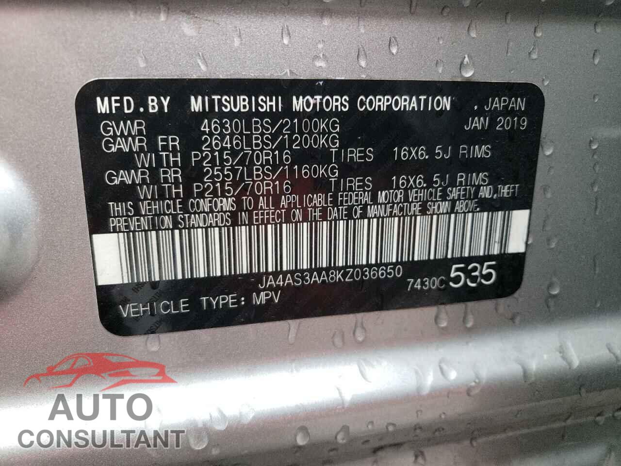 MITSUBISHI ECLIPSE 2019 - JA4AS3AA8KZ036650