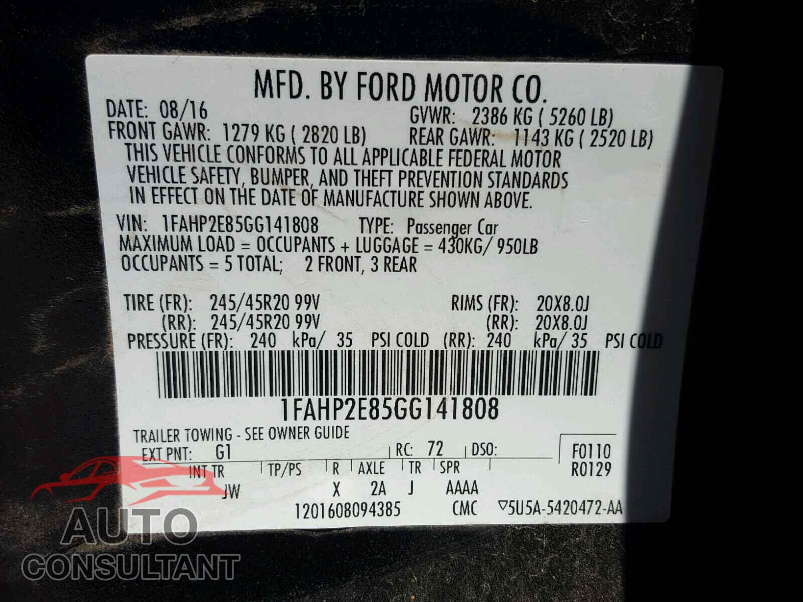 FORD TAURUS 2016 - 1FAHP2E85GG141808
