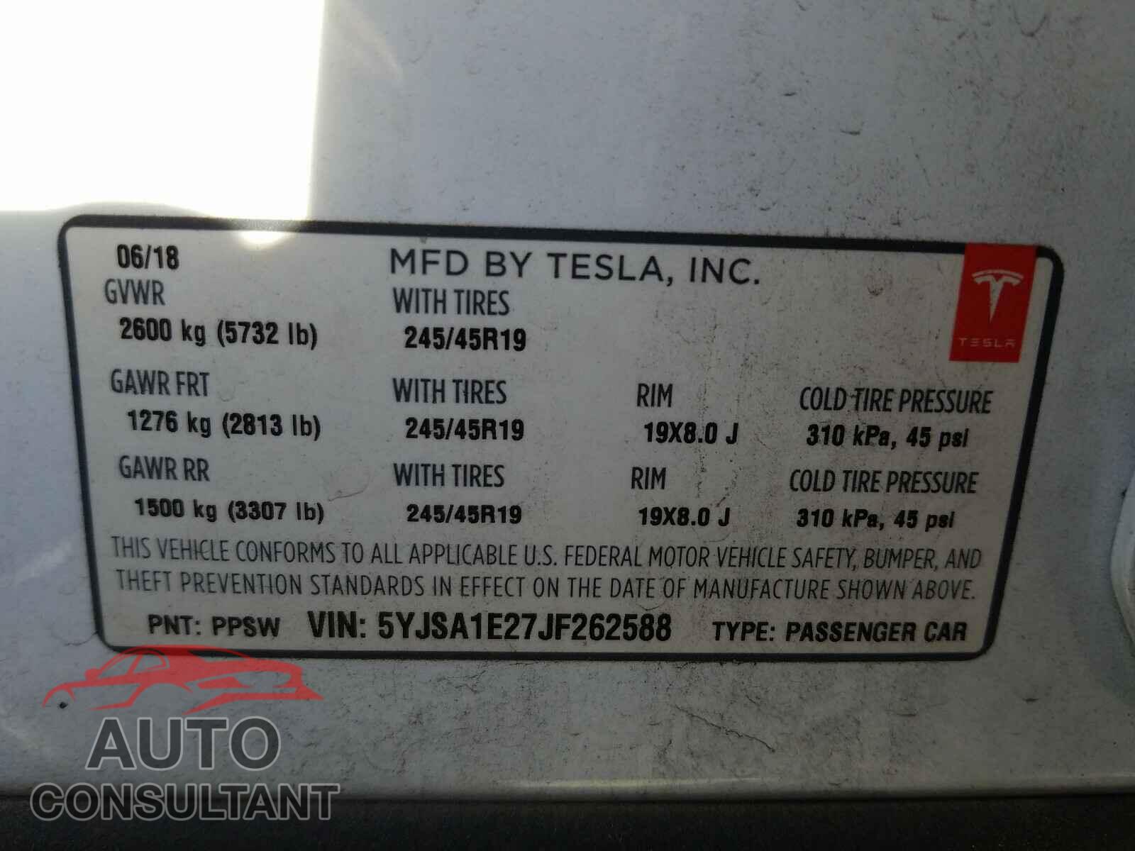 TESLA MODEL S 2018 - 5YJSA1E27JF262588