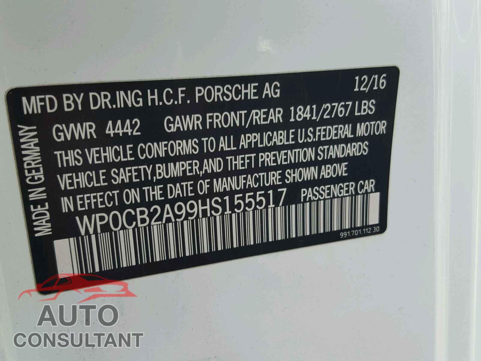 PORSCHE 911 2017 - WP0CB2A99HS155517