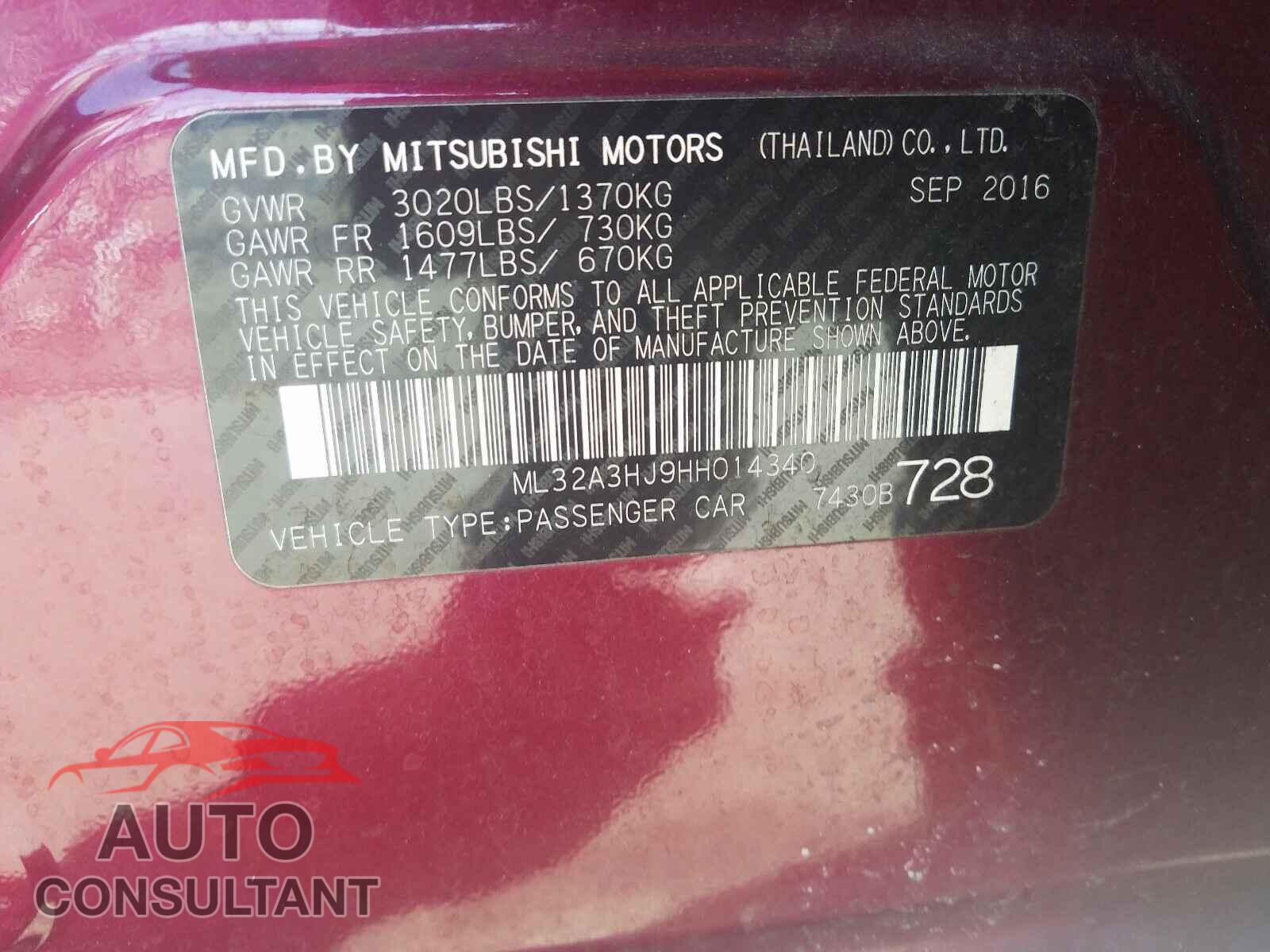 MITSUBISHI MIRAGE 2017 - ML32A3HJ9HH014340