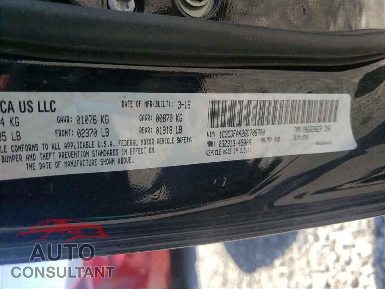DODGE DART 2016 - 1C3CDFAA2GD706700