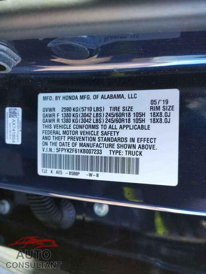 HONDA RIDGELINE 2019 - 5FPYK2F61KB007233