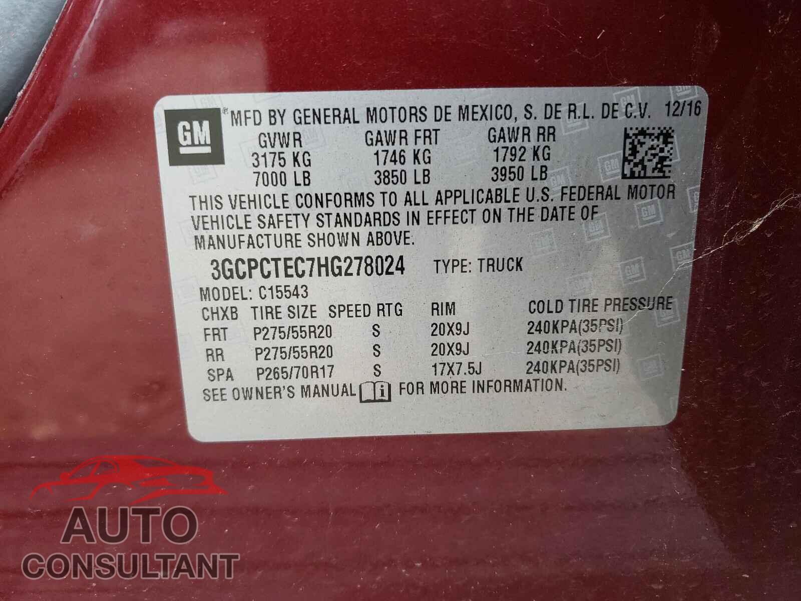 CHEVROLET SILVERADO 2017 - 3GCPCTEC7HG278024