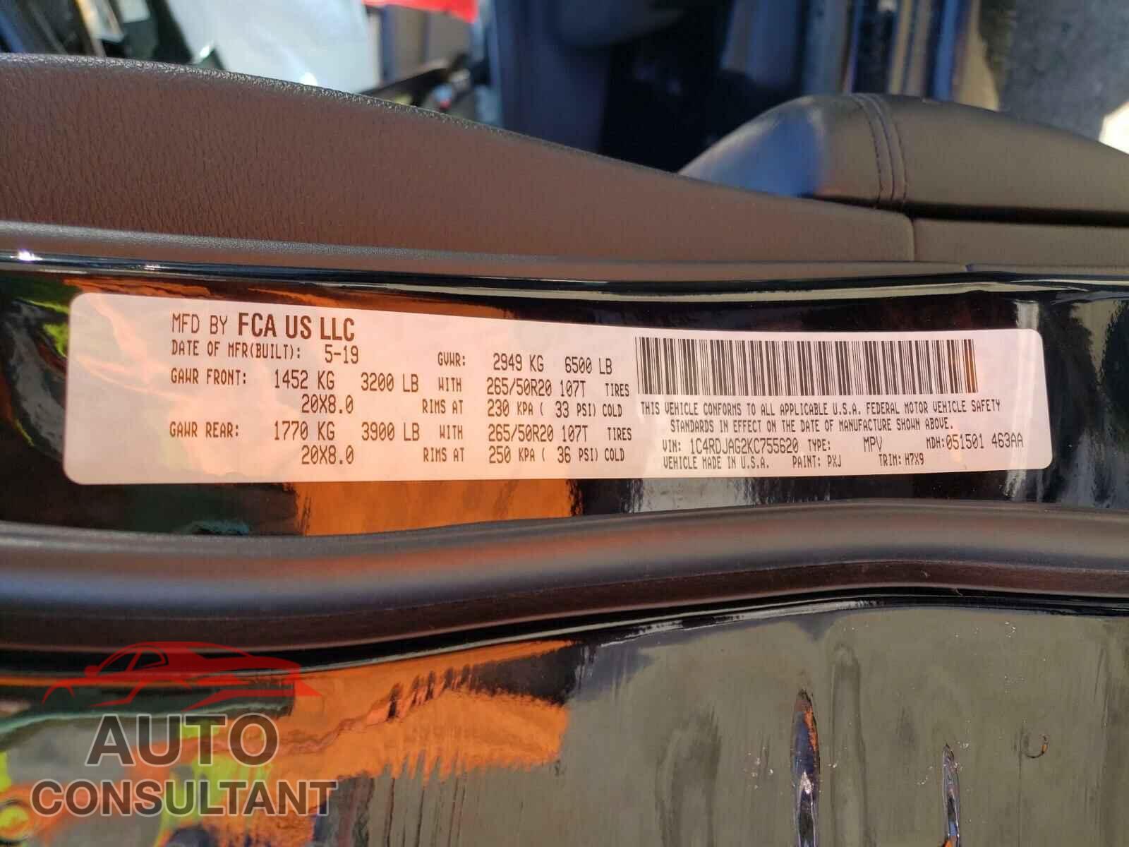 DODGE DURANGO 2019 - 1C4RDJAG2KC755620
