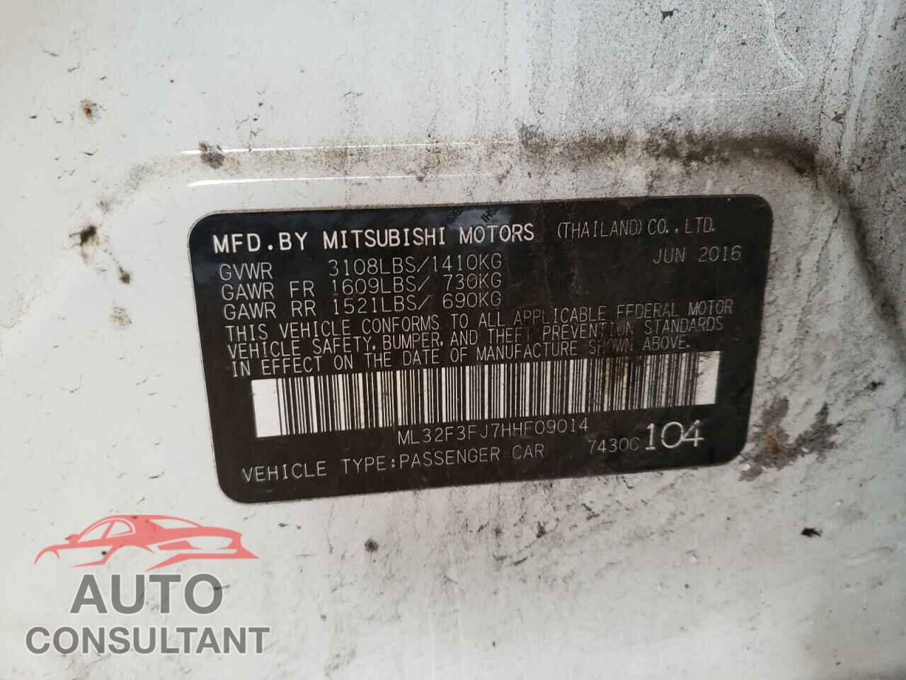 MITSUBISHI MIRAGE 2017 - ML32F3FJ7HHF09014