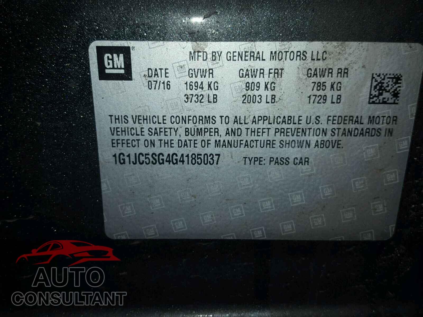 CHEVROLET SONIC 2016 - SADCL2BV5HA047589