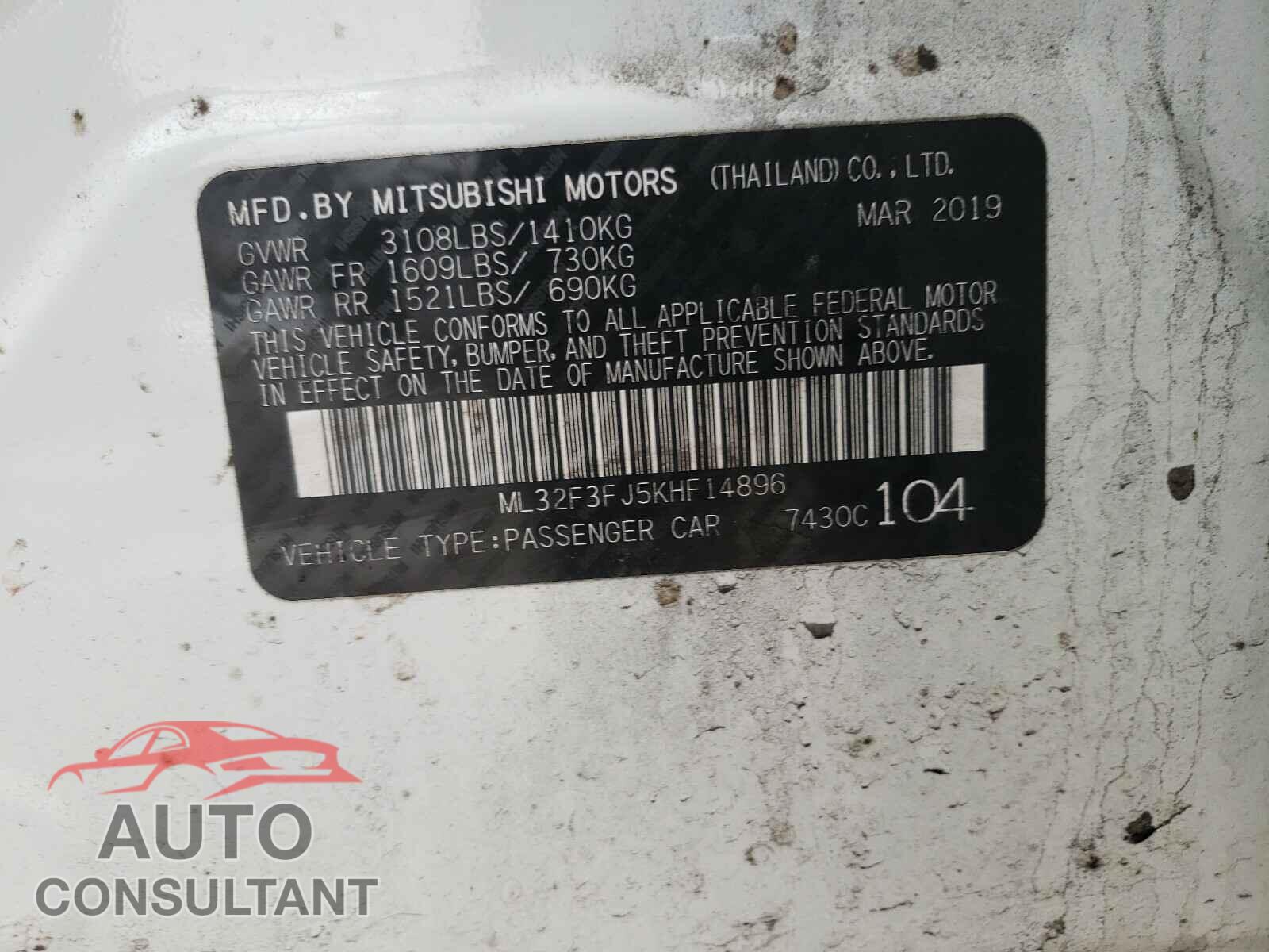 MITSUBISHI MIRAGE 2019 - ML32F3FJ5KHF14896