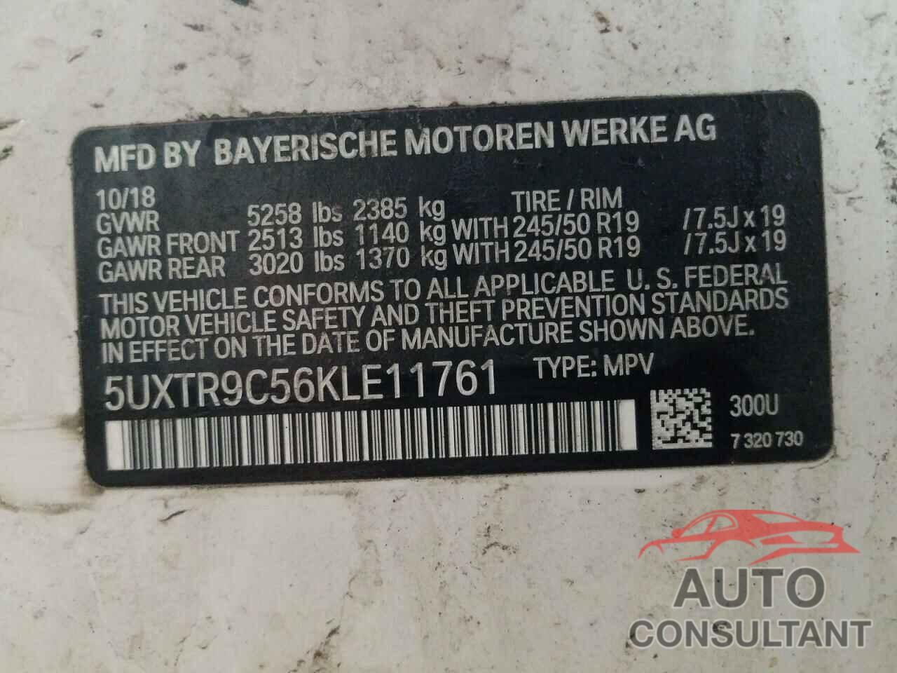 BMW X3 2019 - 5UXTR9C56KLE11761