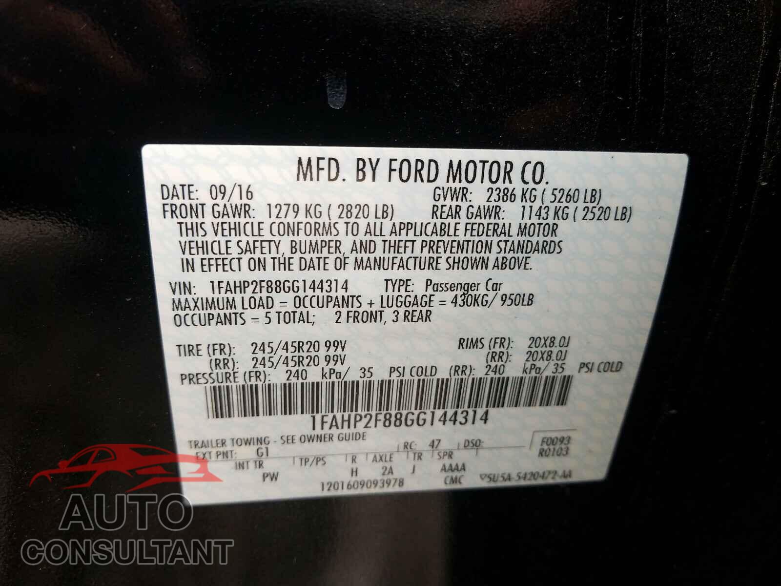 FORD TAURUS 2016 - 1FAHP2F88GG144314