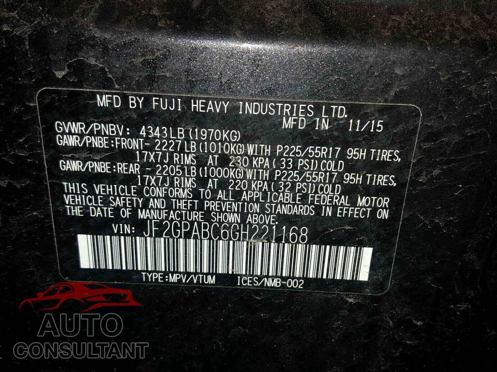 SUBARU ALL OTHER 2016 - JF2GPABC6GH221168