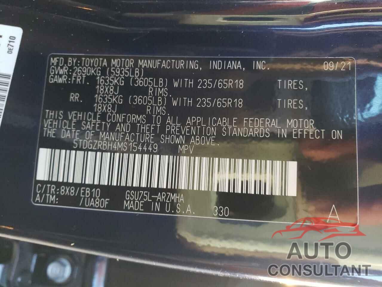 TOYOTA HIGHLANDER 2021 - 5TDGZRBH4MS154449