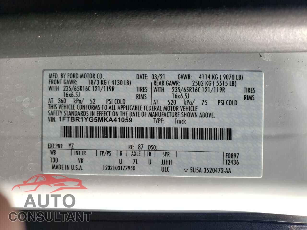 FORD TRANSIT CO 2021 - 1FTBR1YG5MKA41059