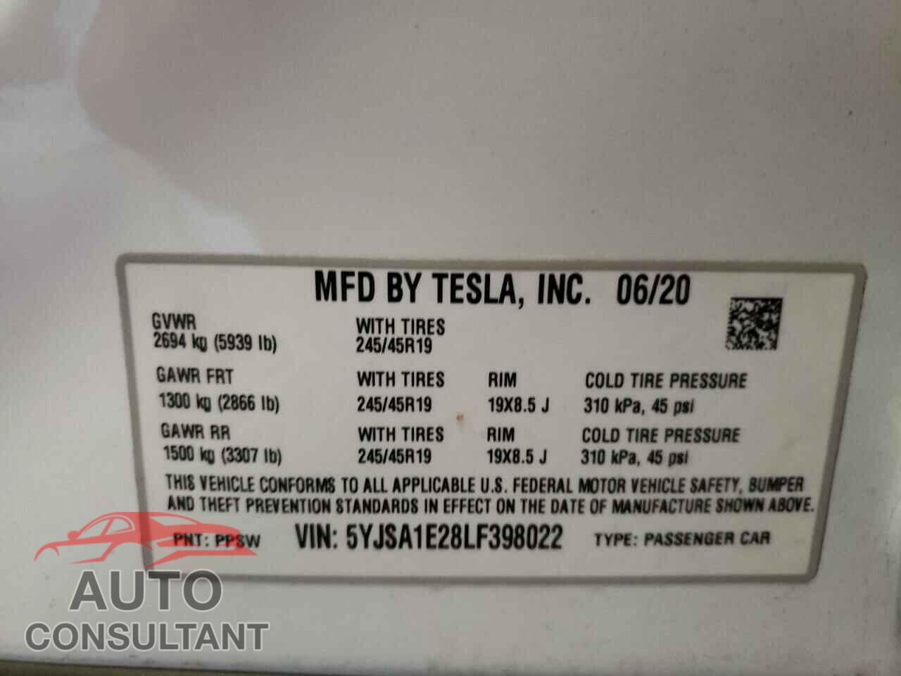 TESLA MODEL S 2020 - 5YJSA1E28LF398022