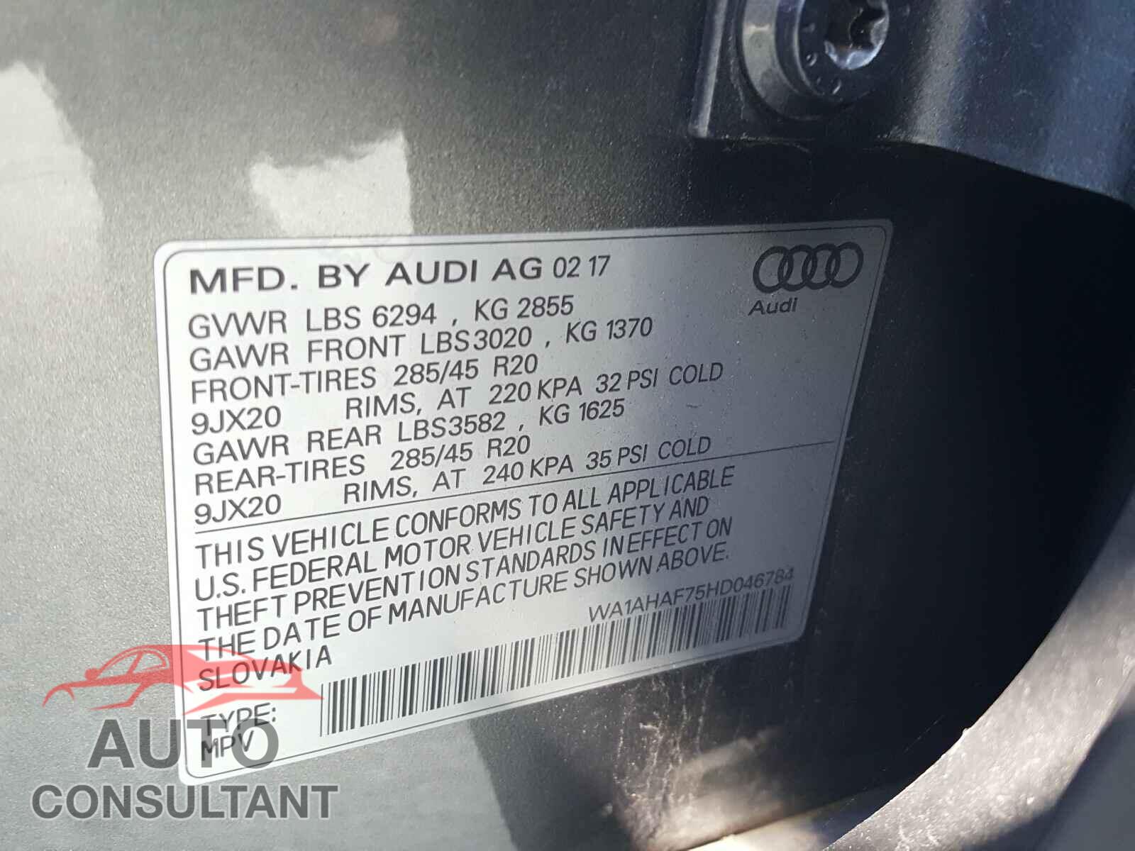 AUDI Q7 2017 - WA1AHAF75HD046784